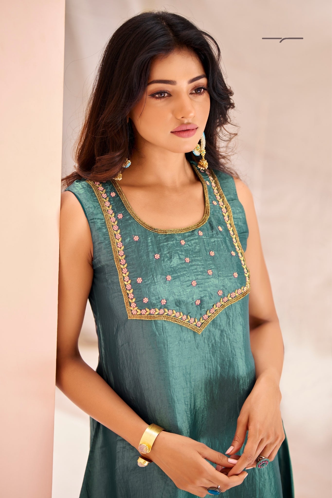 Serene Aqua Pure Organza Hand Embroidered Kurta And Pant Set