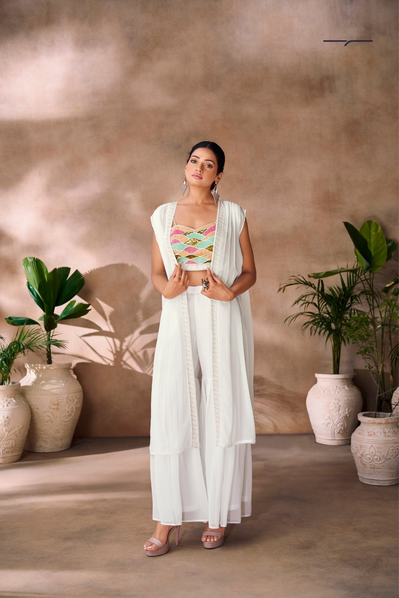 Pristine White Georgette Hand Embellished Designer Co-Ord Set