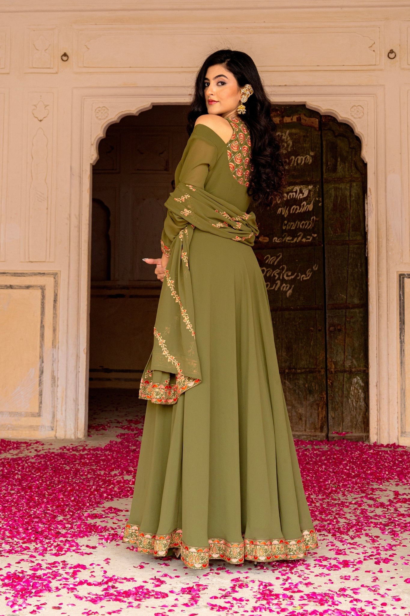 Olive Royale Embroidered Georgette Anarkali Set