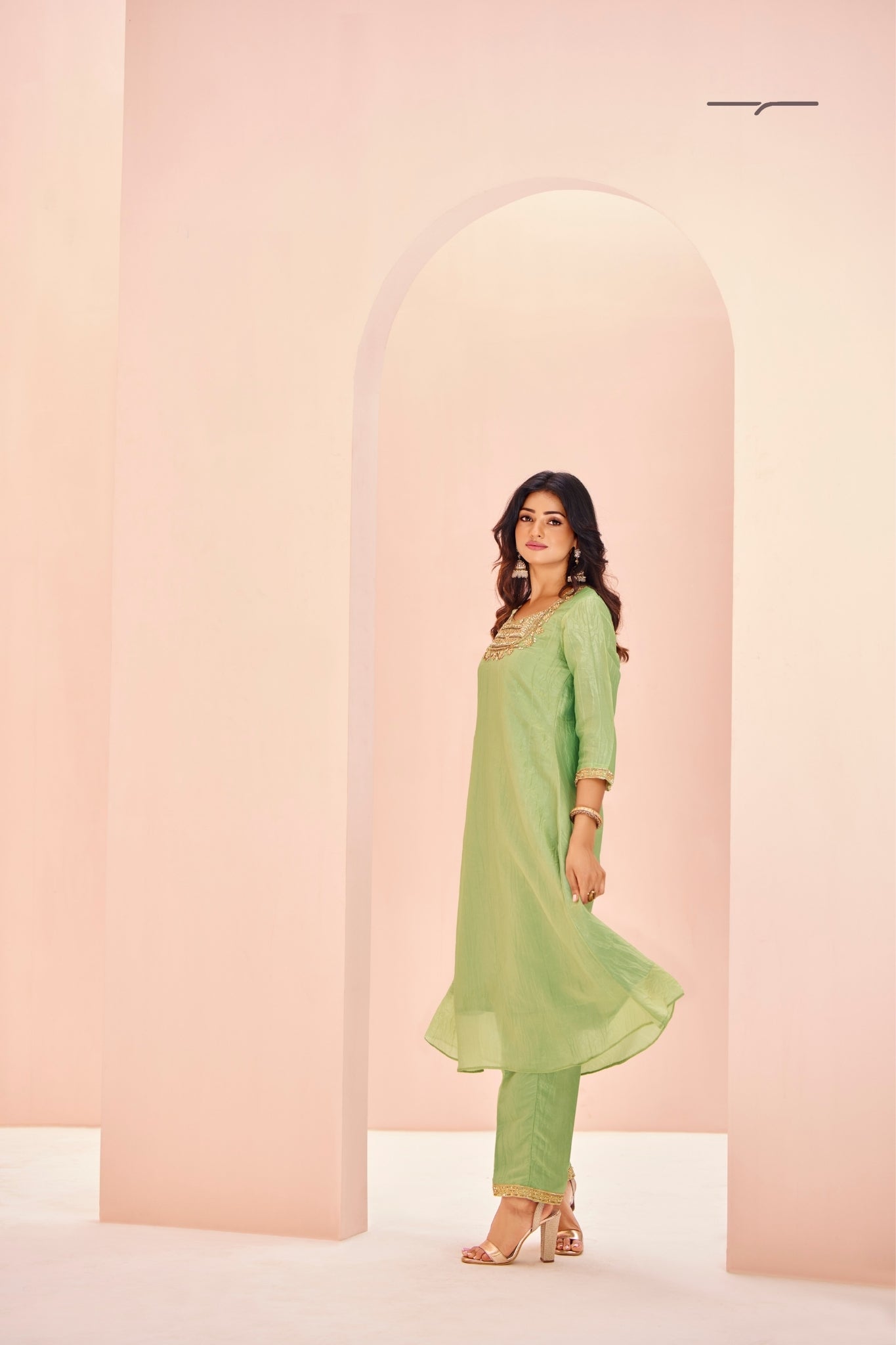 Serene Light Green Pure Organza Handwork A-Line Kurta Set