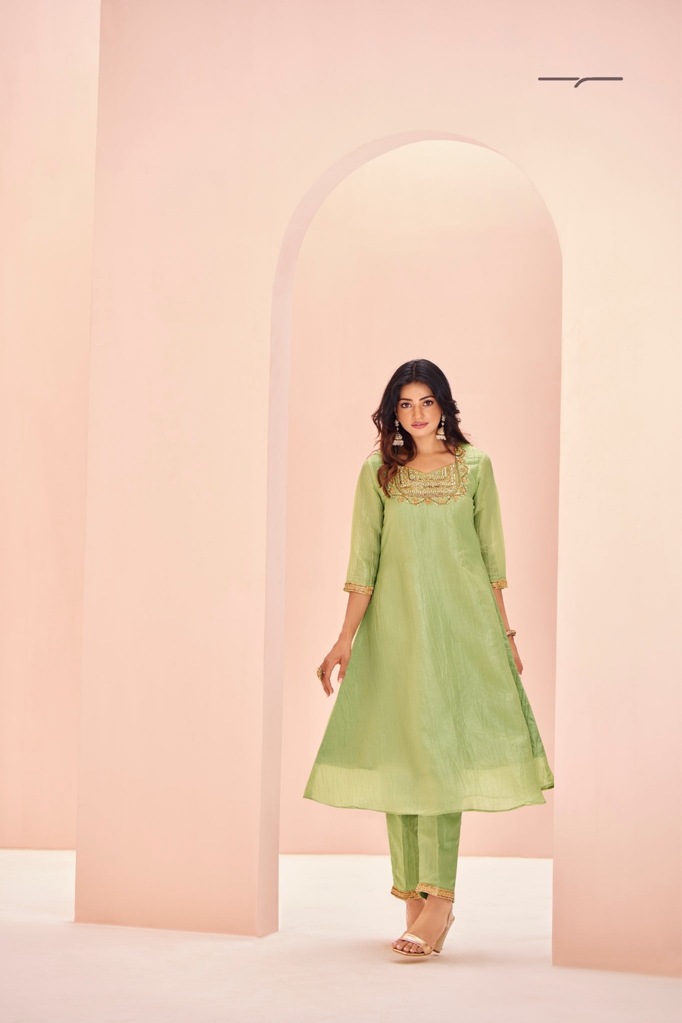 Serene Light Green Pure Organza Handwork A-Line Kurta Set