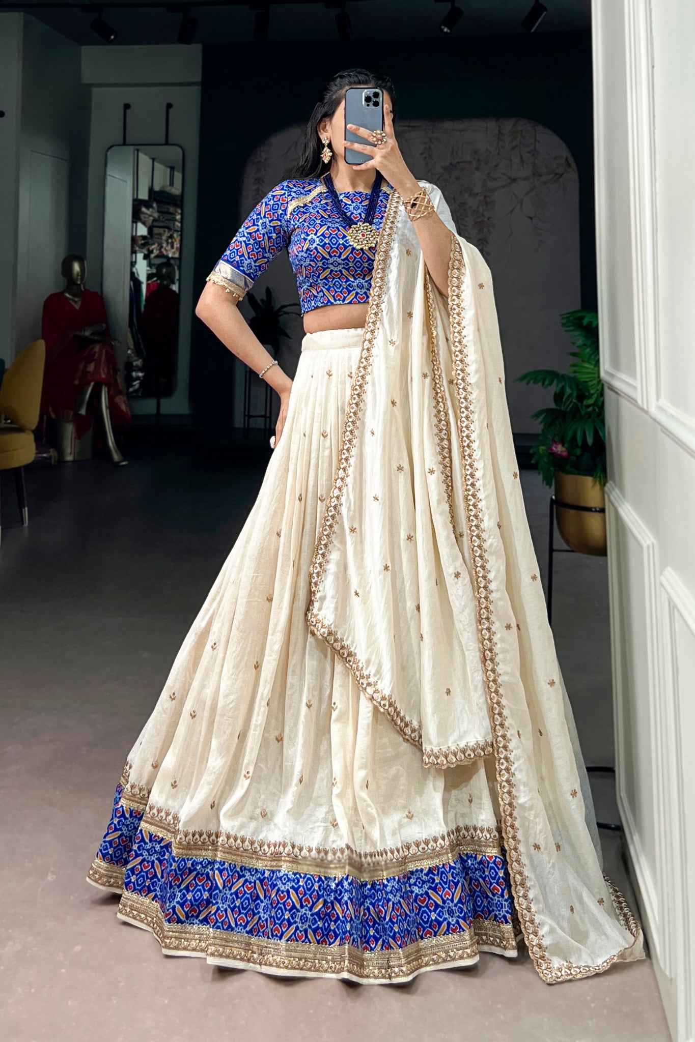 Designer Ivory And Royal Blue Embroidered Lehenga Choli For Women