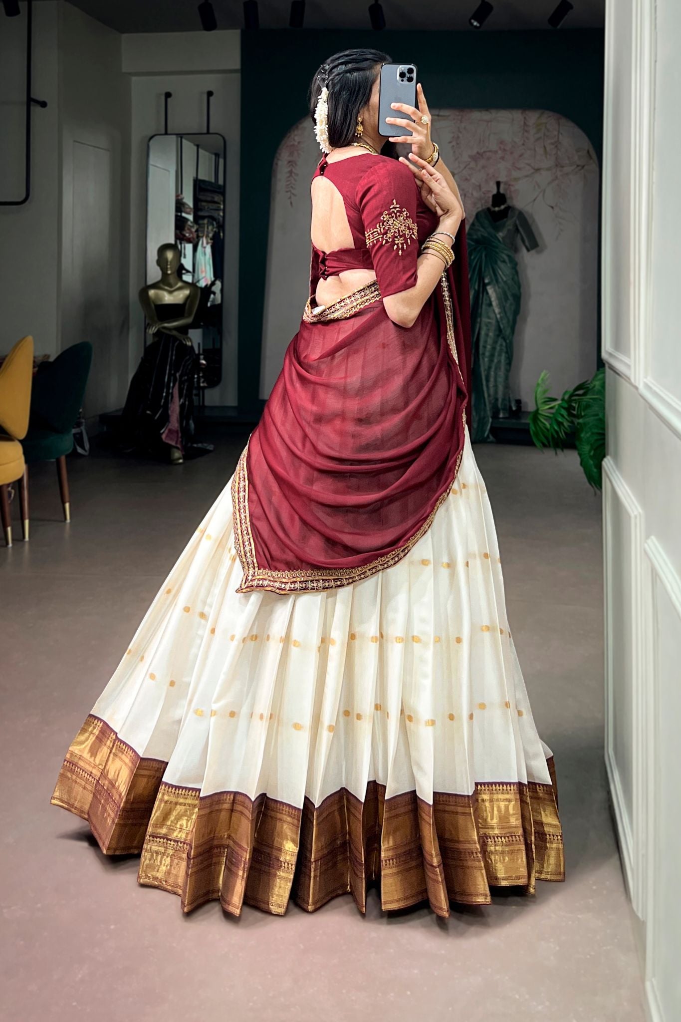 Ivory Maroon Silk Cotton Designer Lehenga Choli