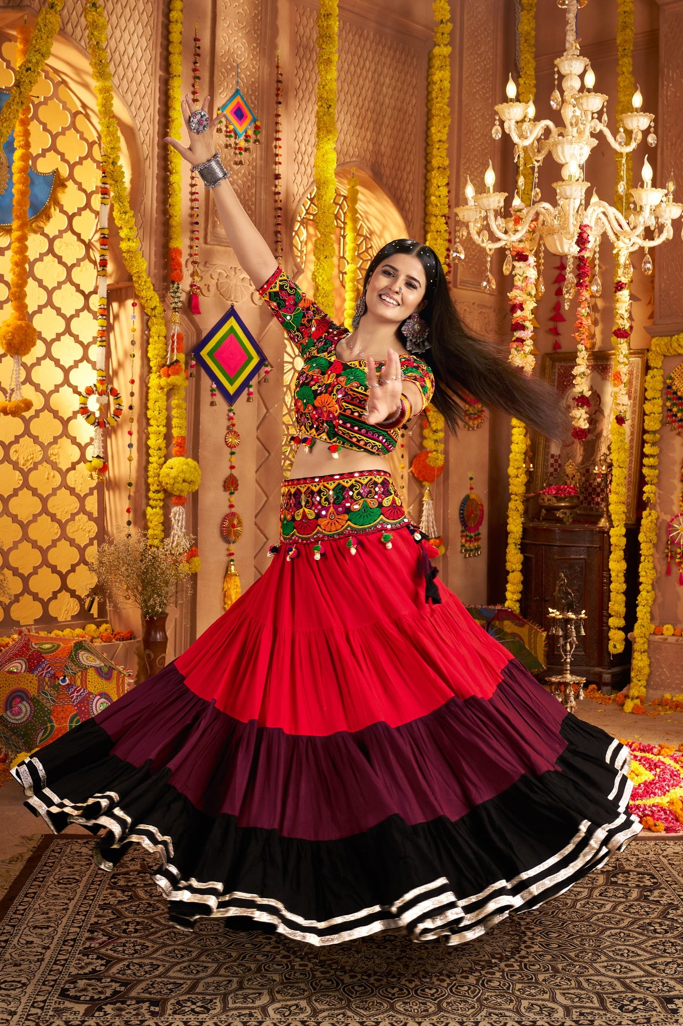 Festive Designer Viscose Cotton Multi Tread With Mirror Work Traditional Navratri Lehenga Choli