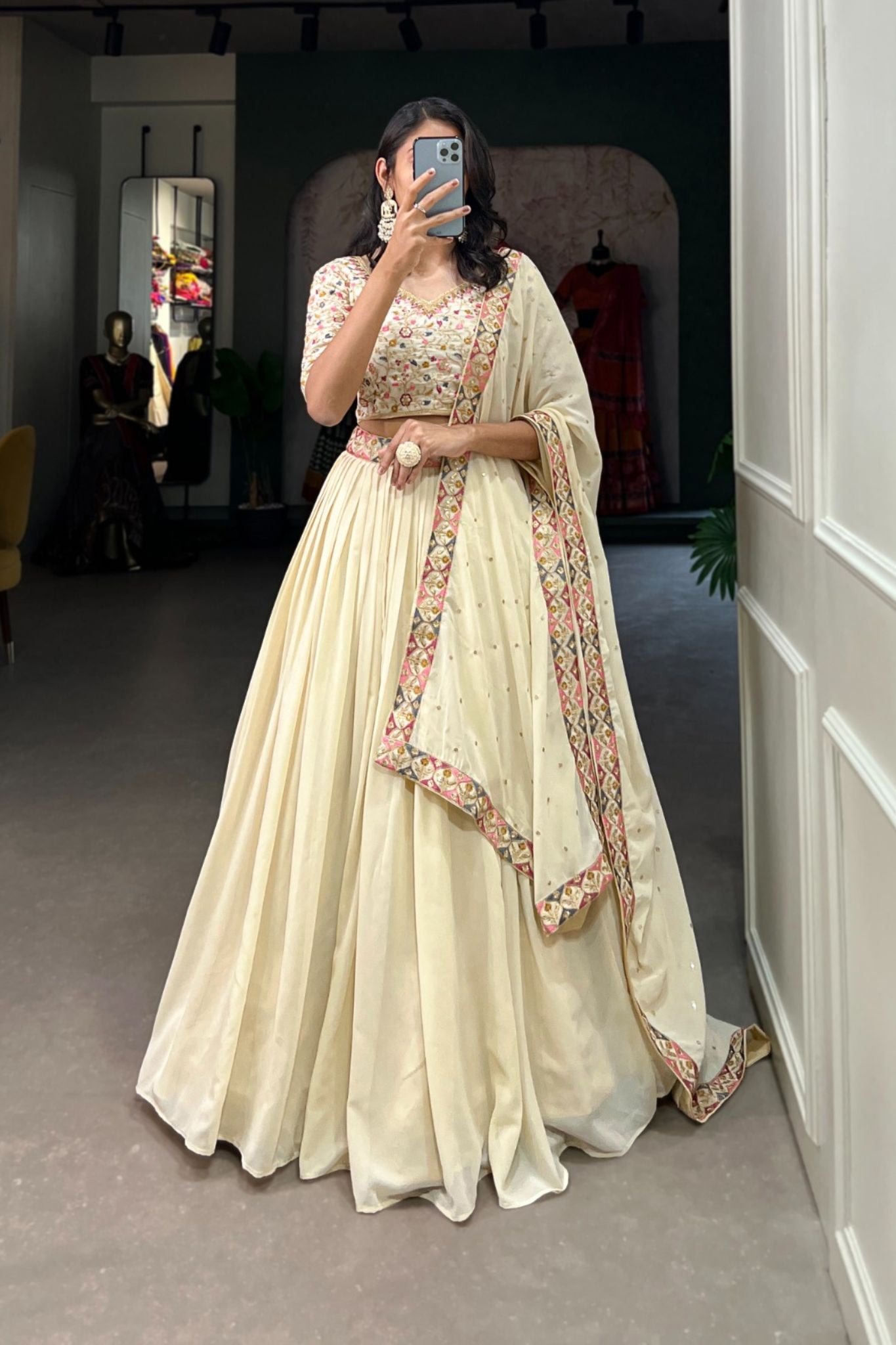 Off White Sequins Embroidery Work Lehenga Choli