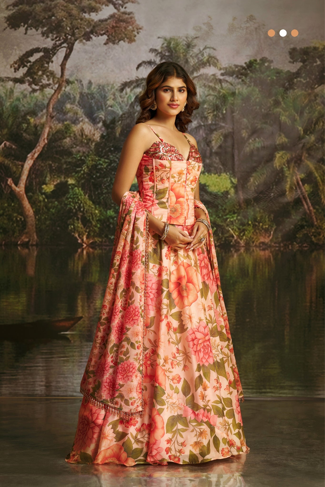 Peach Handwork Designer Corset Lehenga Set With Floral Prints