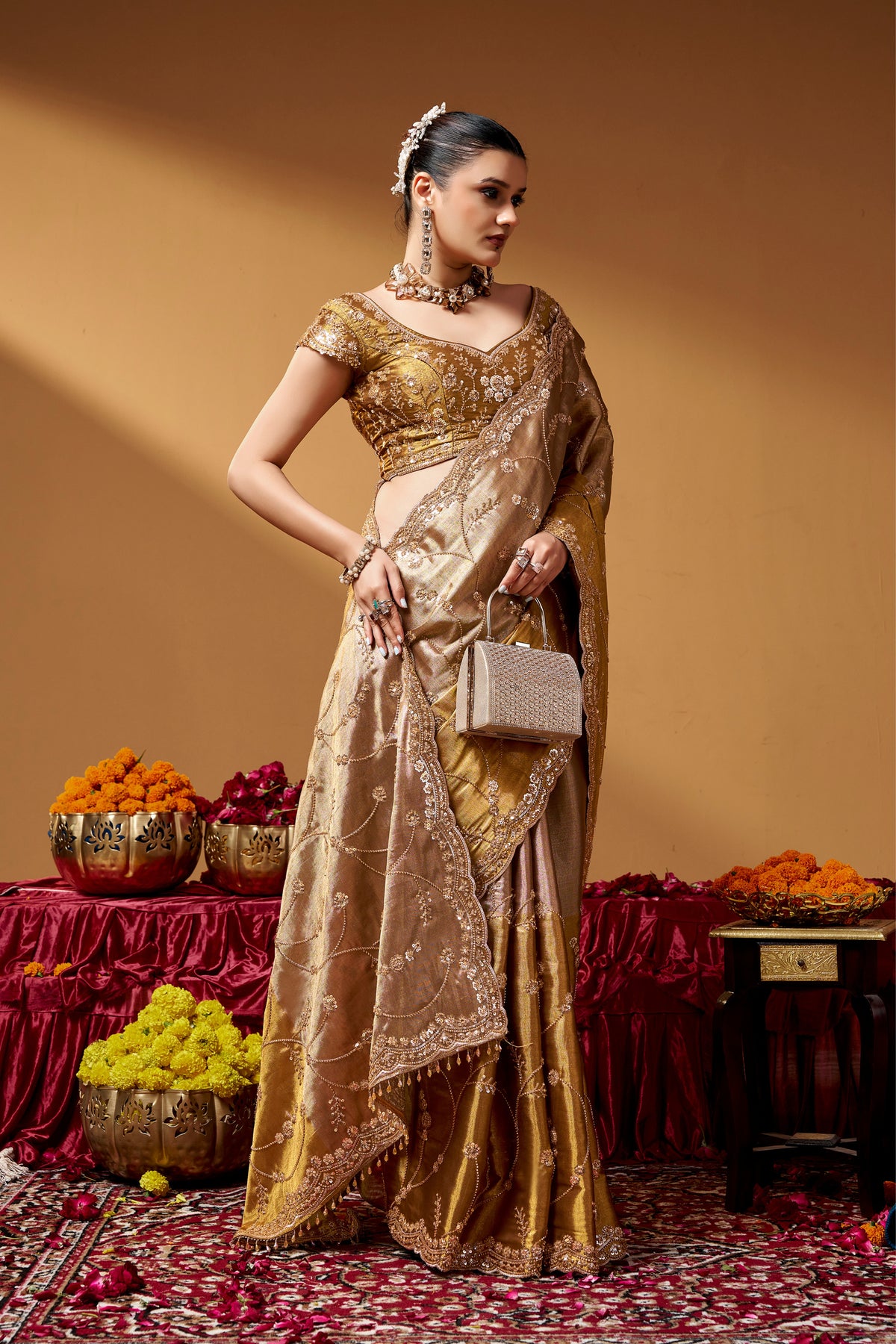 Kanjivaram Zari Tissue Designer Hand Embroider And Tube Beads Wedding Saree