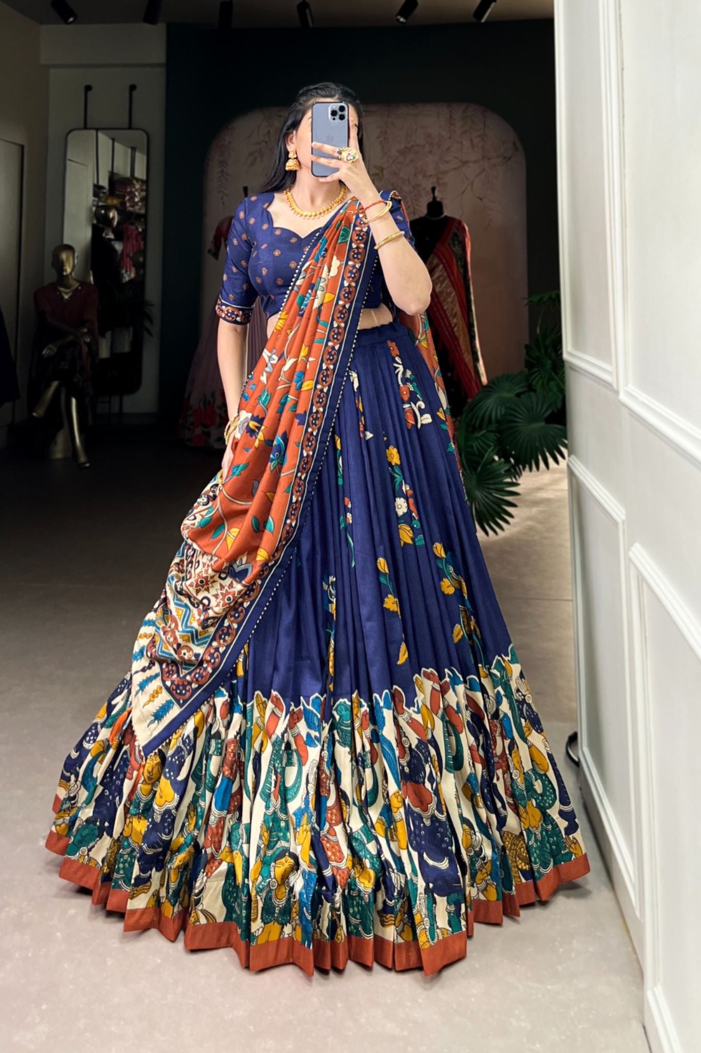 Kalamkari Printed Tussar Silk  Traditional Lehenga Choli