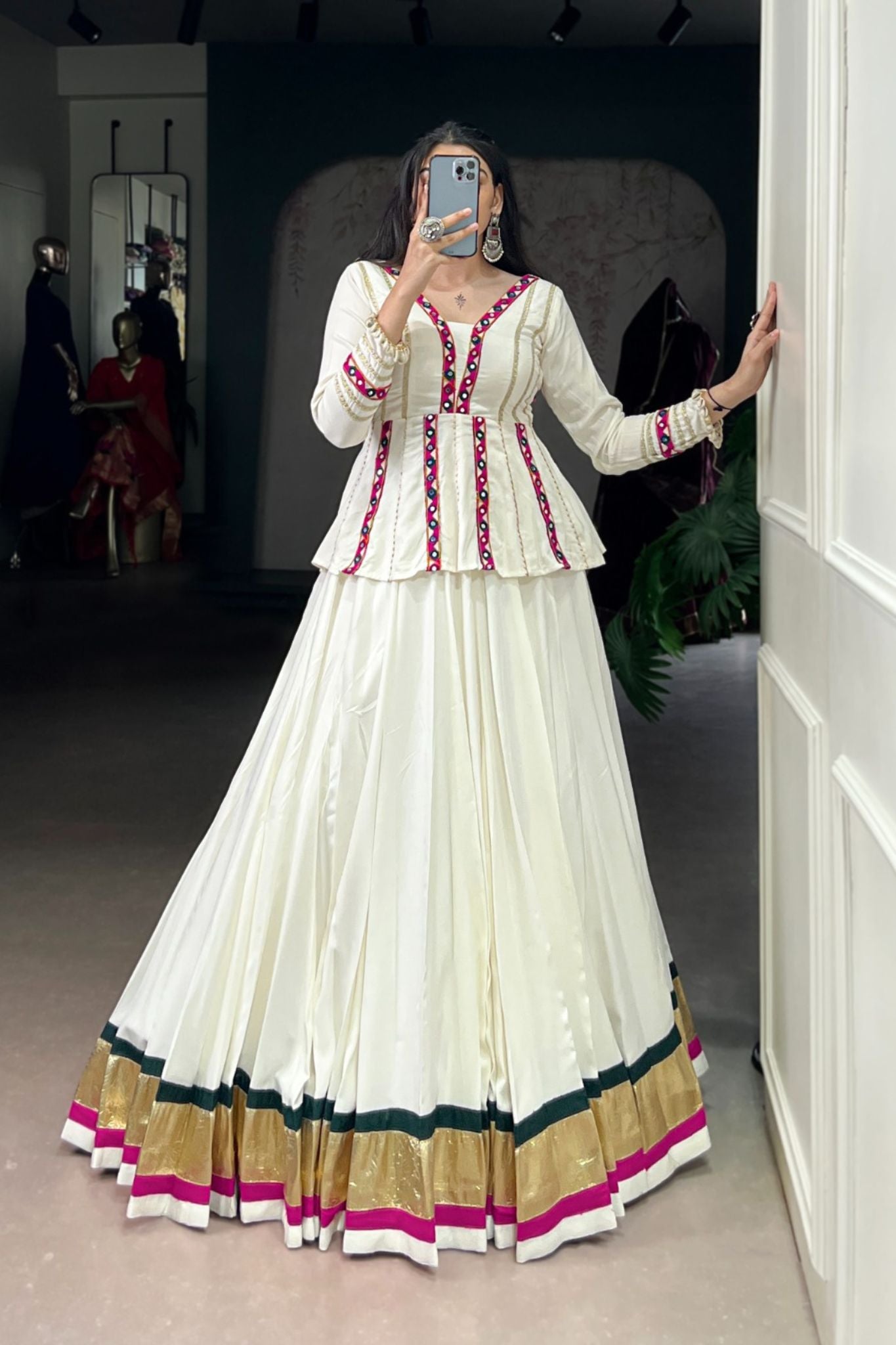 White Designer Original Mirror Gamthi Work Navratri Lehenga Choli