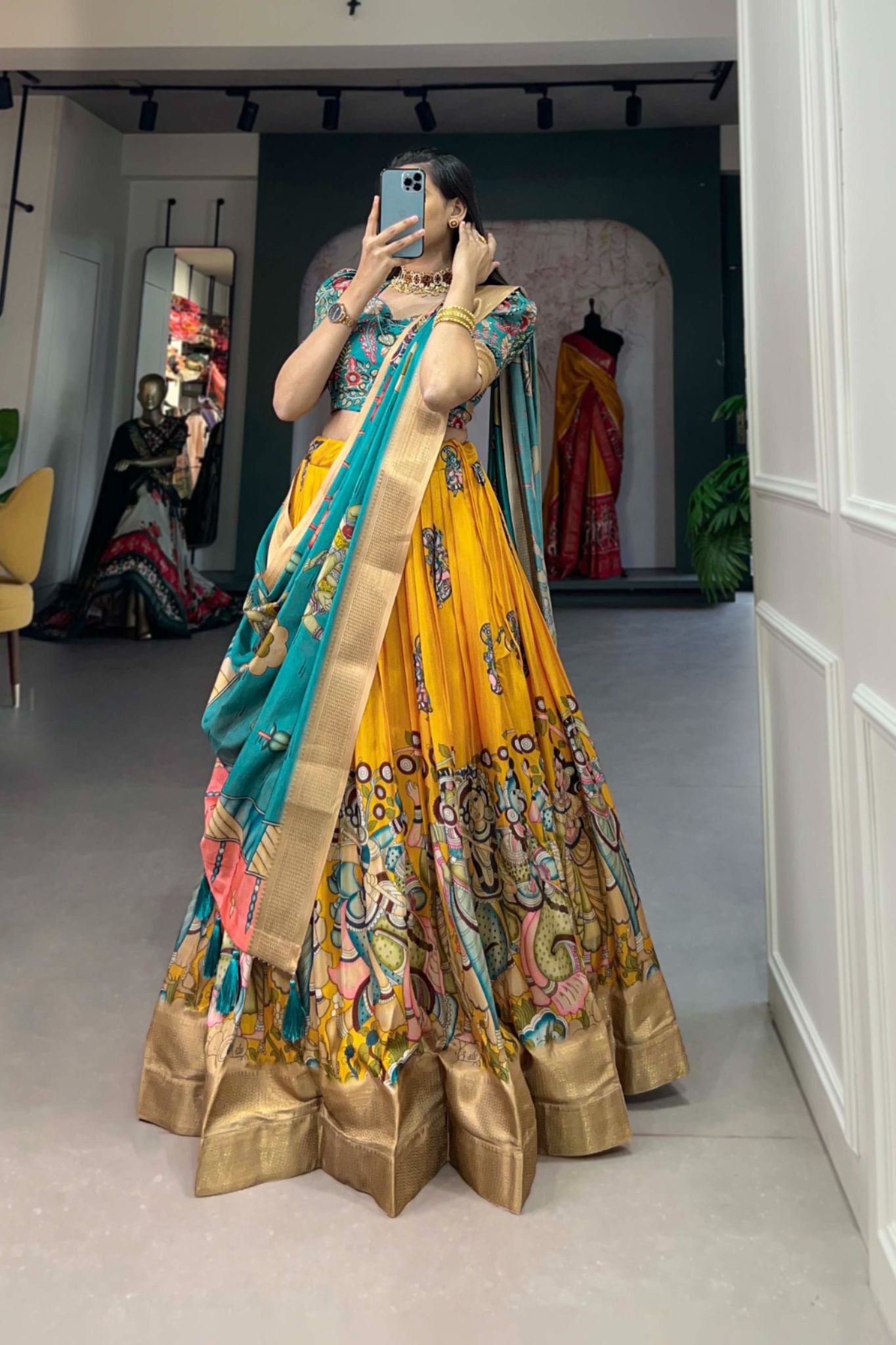 Designer Kalamkari Printed Dola Silk Lehenga Choli