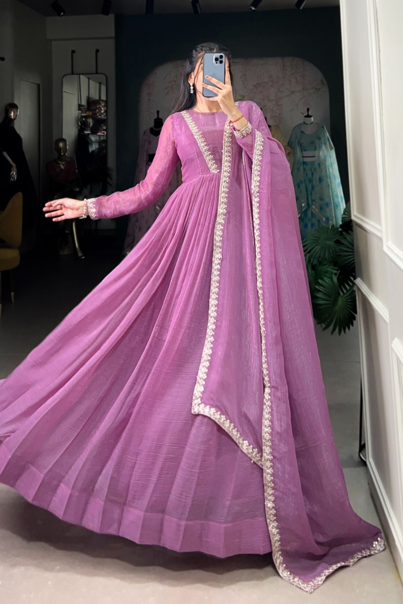 Lavender Sequins Thread Embroidered Anarkali Dress