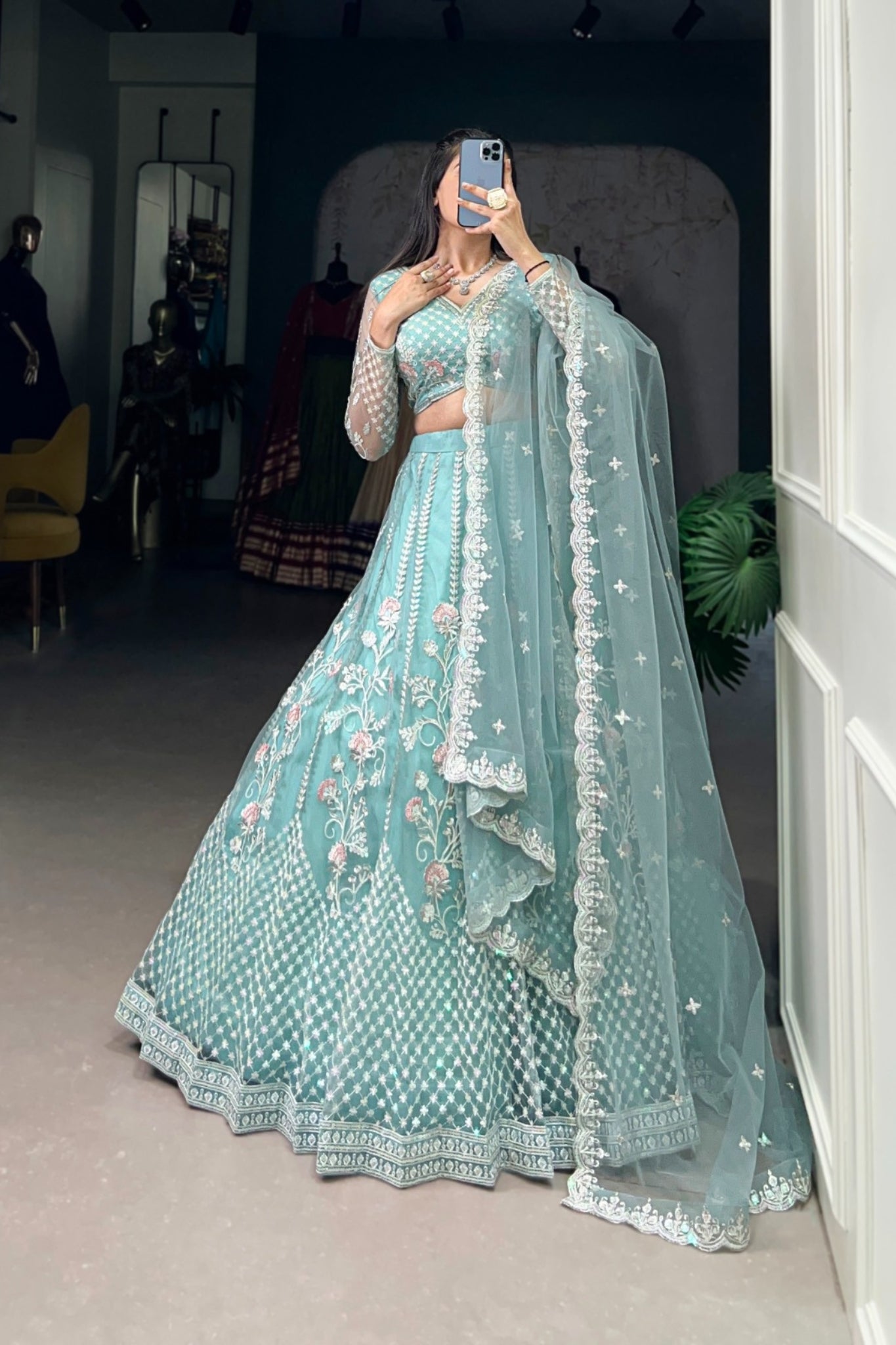 Designer Net Sequins Embroidered Lehenga Set With Dupatta