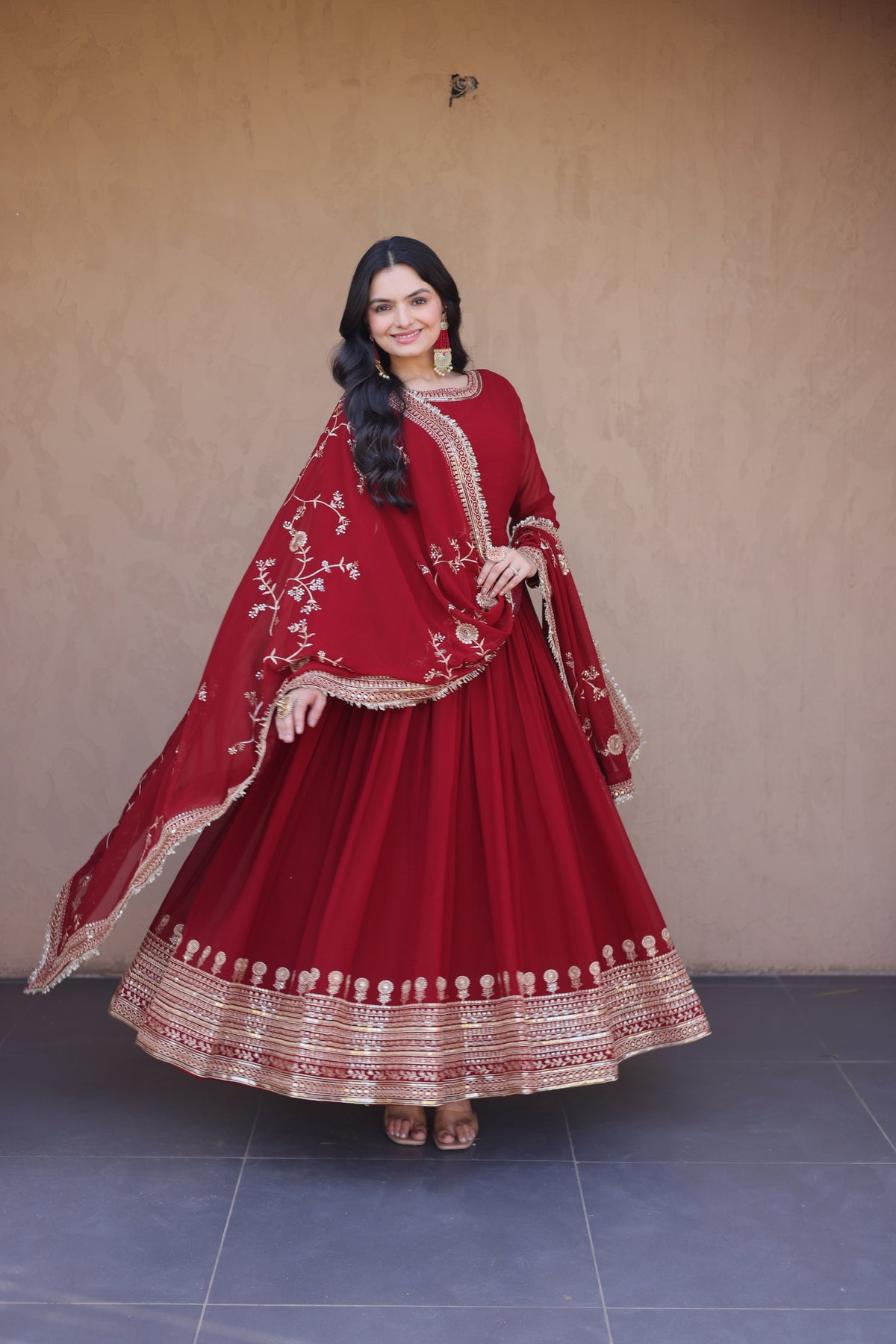 Maroon Designer Anarkali Gown with Dupatta Set