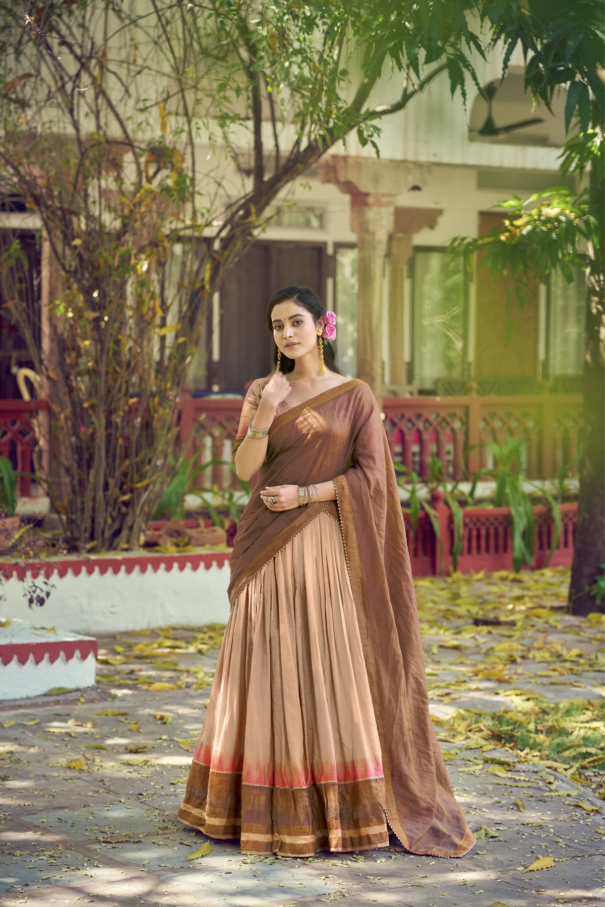 Designer South Indian Lehenga Choli With Zari Woven Border & Gota Patti Dupatta