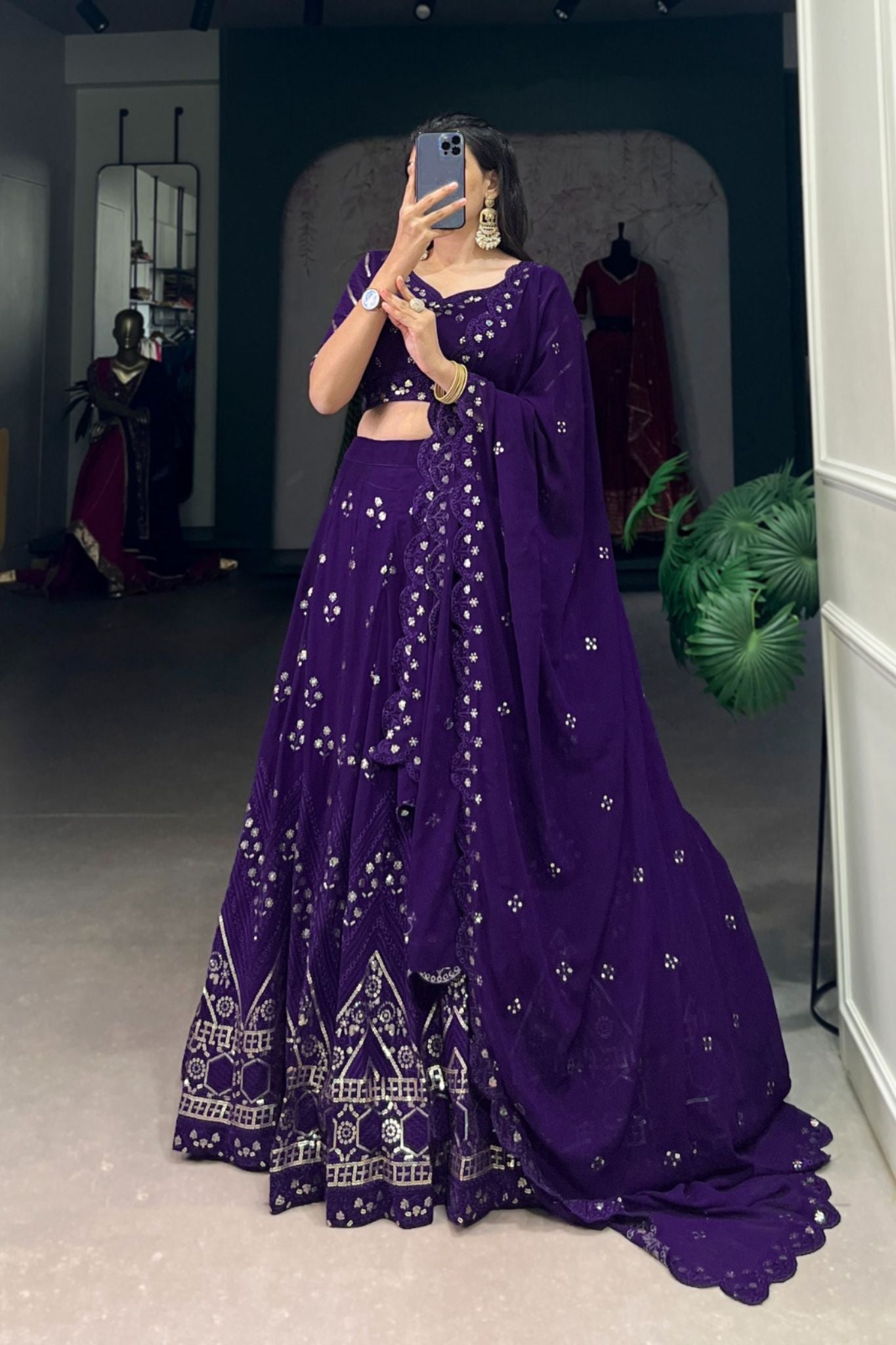 Purple Georgette Sequins And Thread Embroidery Work Wedding Lehenga Choli