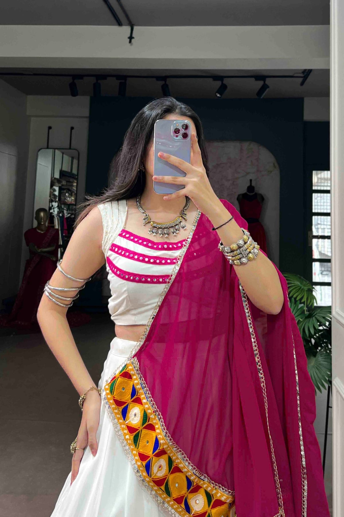Rayon Navratri Designer White & Rani Pink Gamthi Lace Mirror Work Lehenga Choli With Dupatta