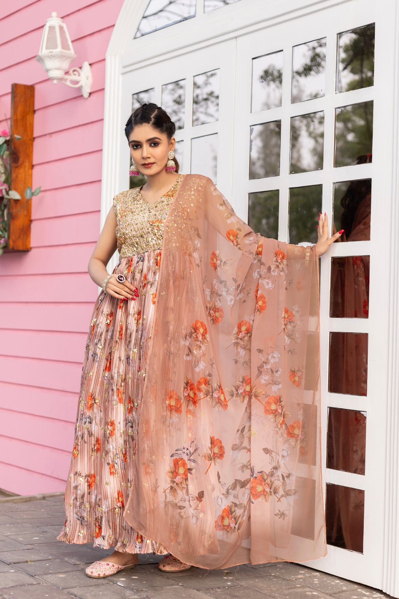 Rich Sequins Embroidered With Printed Designer Gown With Dupatta