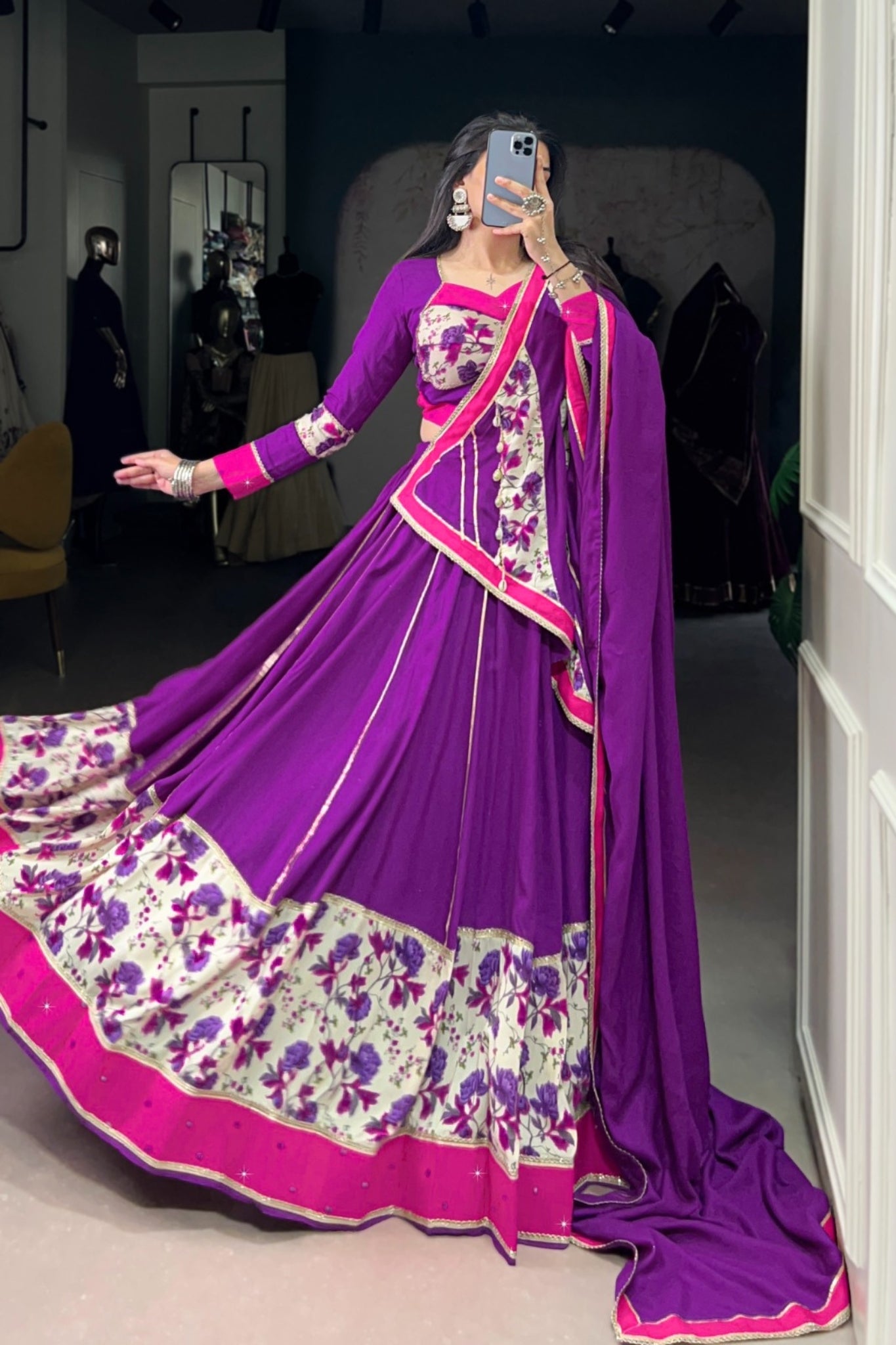 Purple Pure Rayon Printed With Original Mirror Hand Work Navratri Lehenga Choli