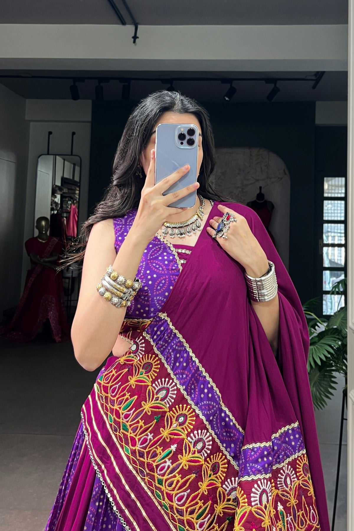 Tasar Silk Bandhej Print Panelled Lehenga With Gamthi Work Designer Lehenga Choli For Navratri
