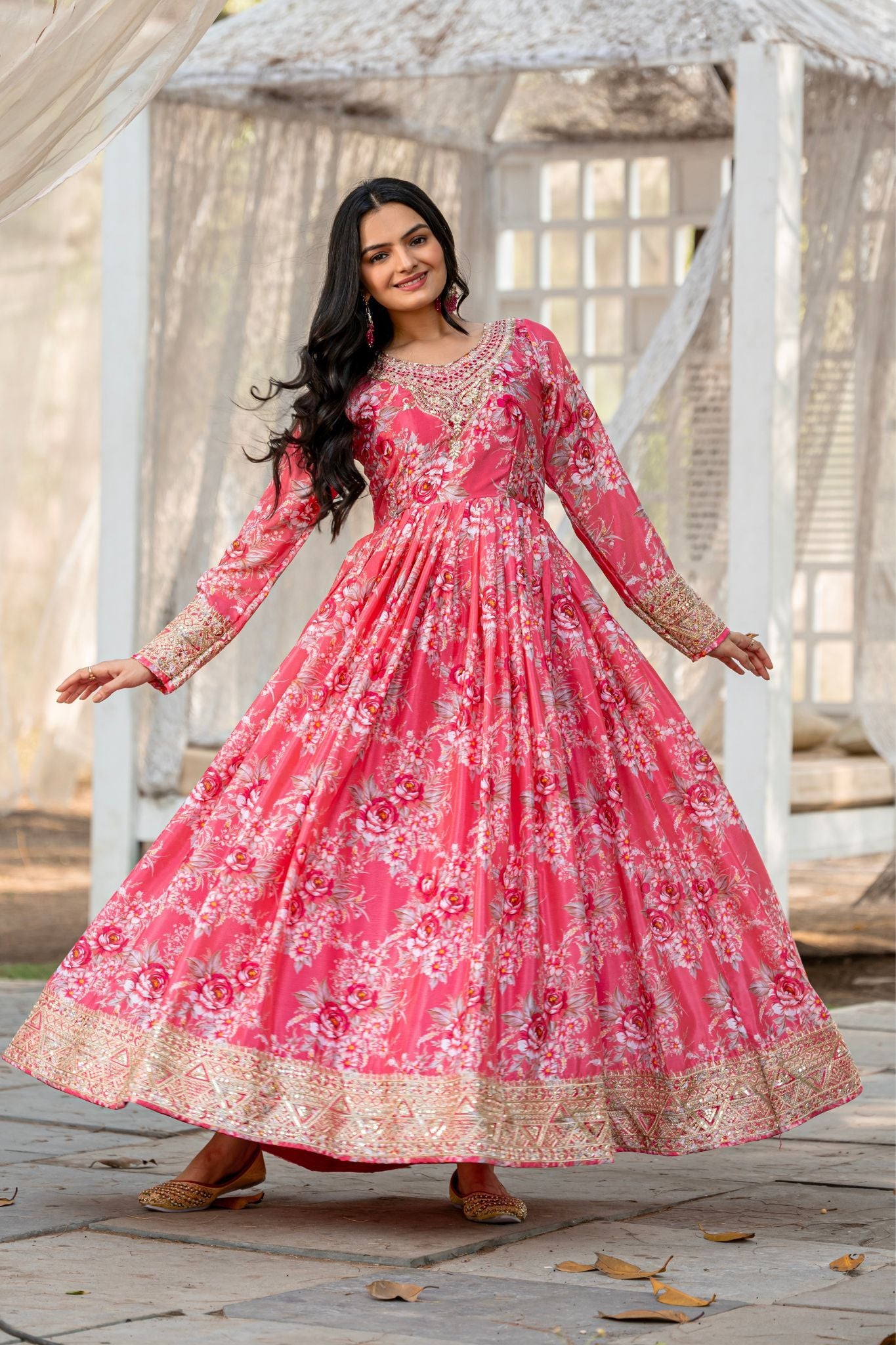 Stunning Pink Floral Embroidered With Printed Anarkali Dress