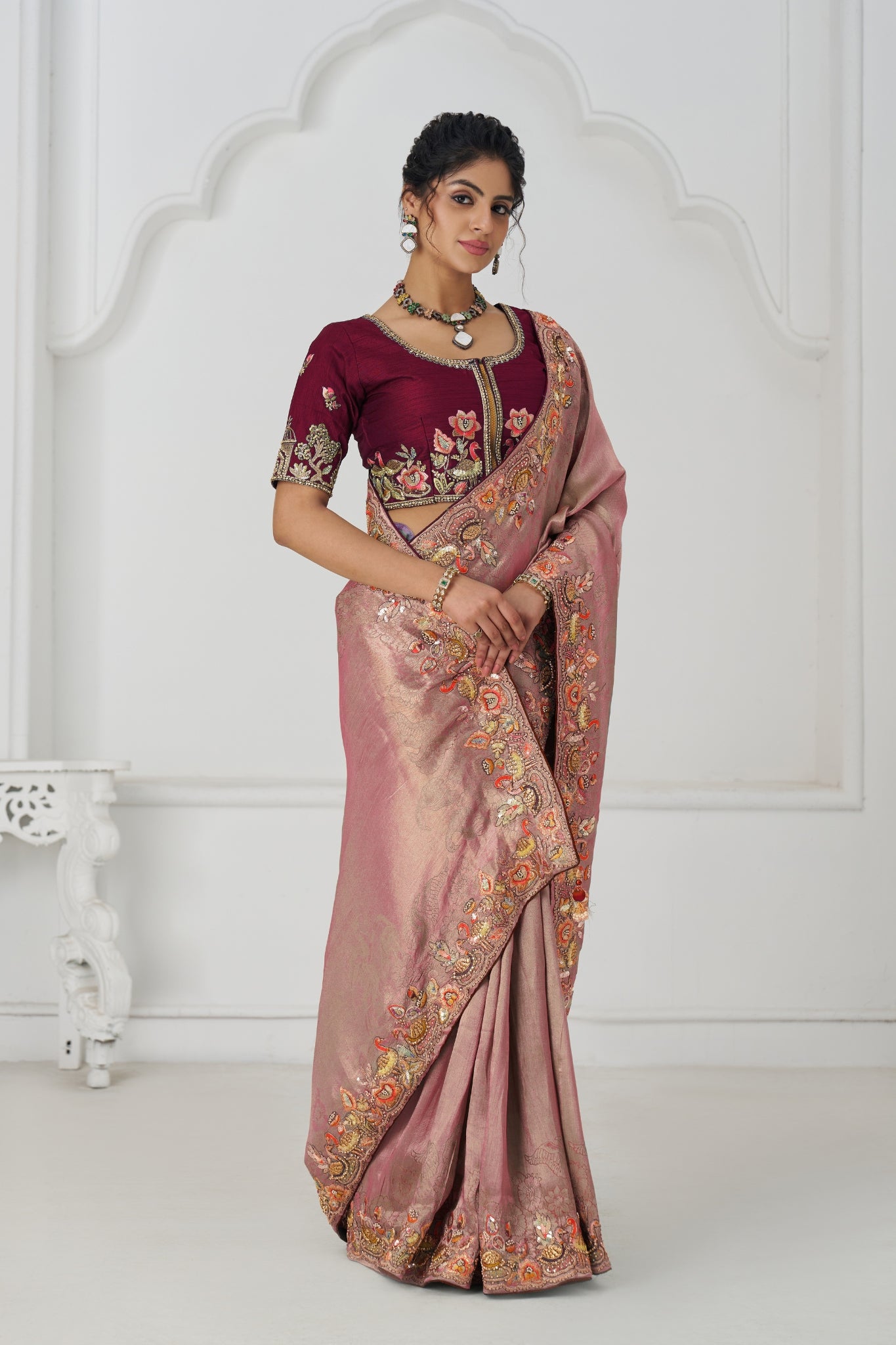 Pink Luxury Wedding Saree With Multi-Thread Bead Embroidery & Sequin Work