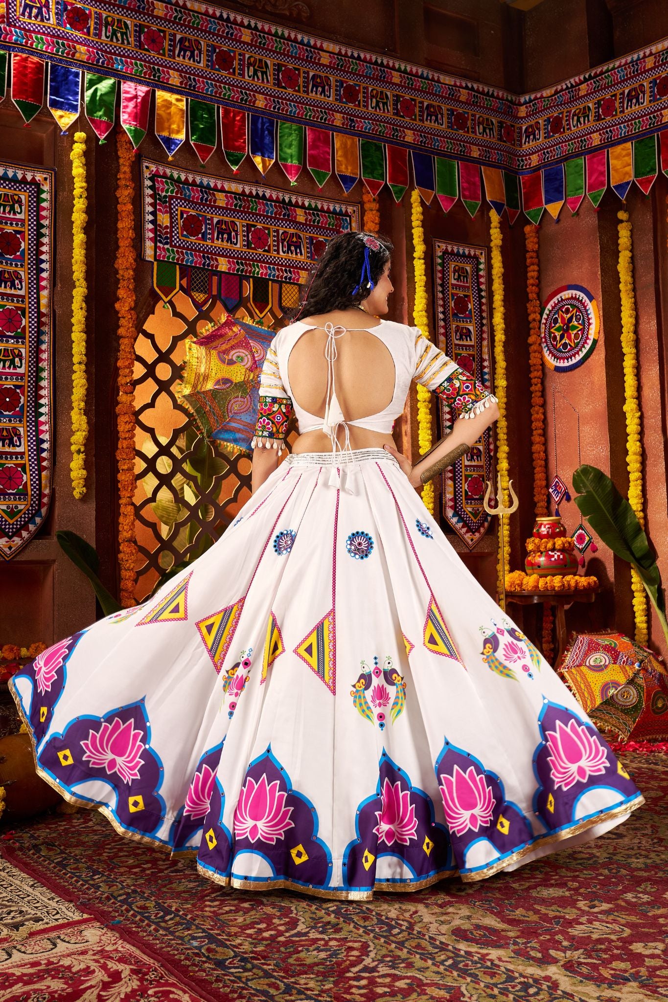 Designer White Navratri Lehenga Choli With Mirror And Hand Embroidery Work