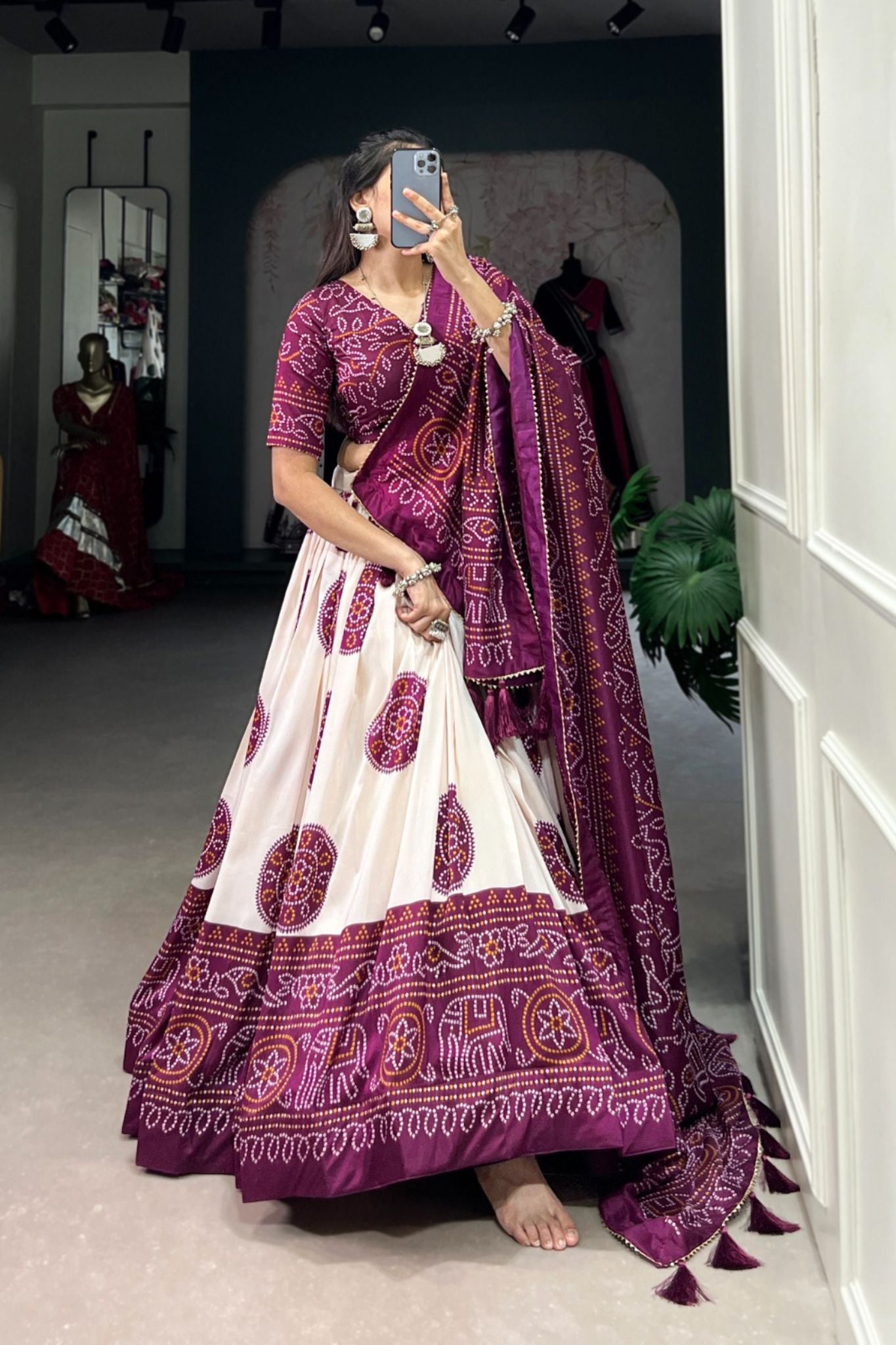 Bandhej Print Silk Lehenga Choli