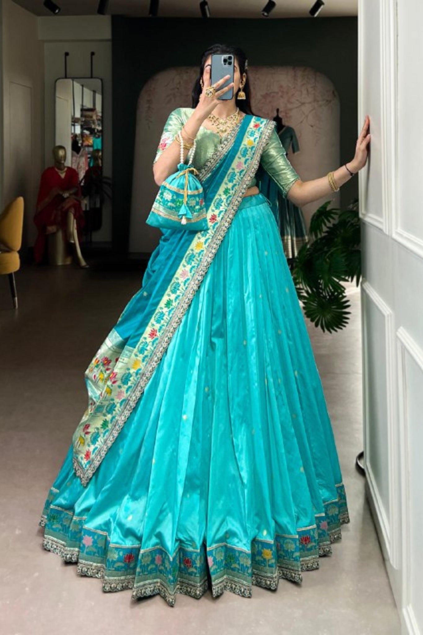 Designer Premium Paithani Soft Silk Zari Weaving Sequins With Thread Embroidery Lehenga Set