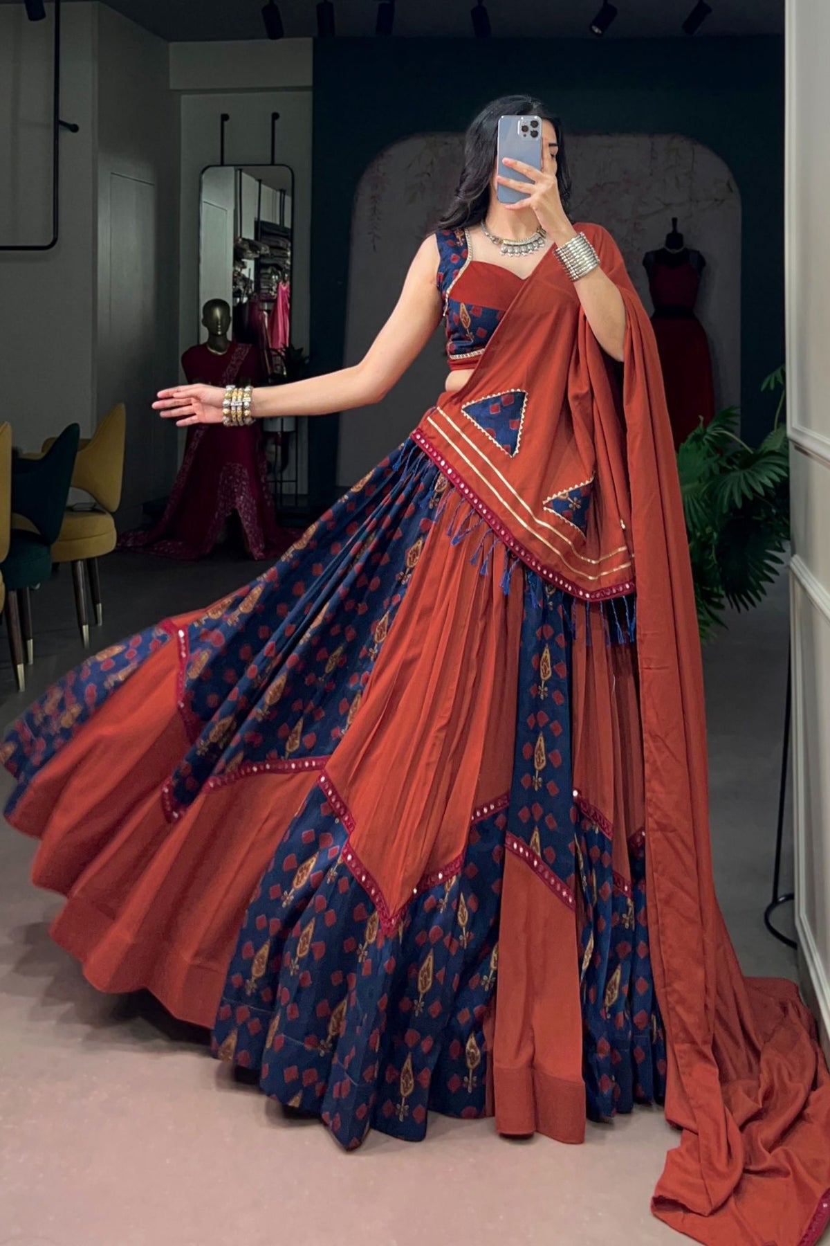 Rust Navy Navratri Designer Gamthi Mirror Work Lehenga Choli