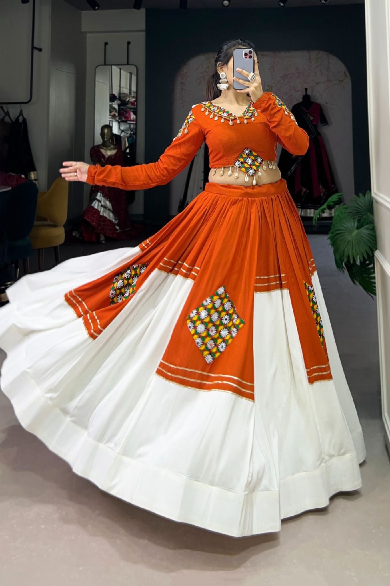 Orange Pure Rayon Gamthi Work Navratri Lehenga Choli