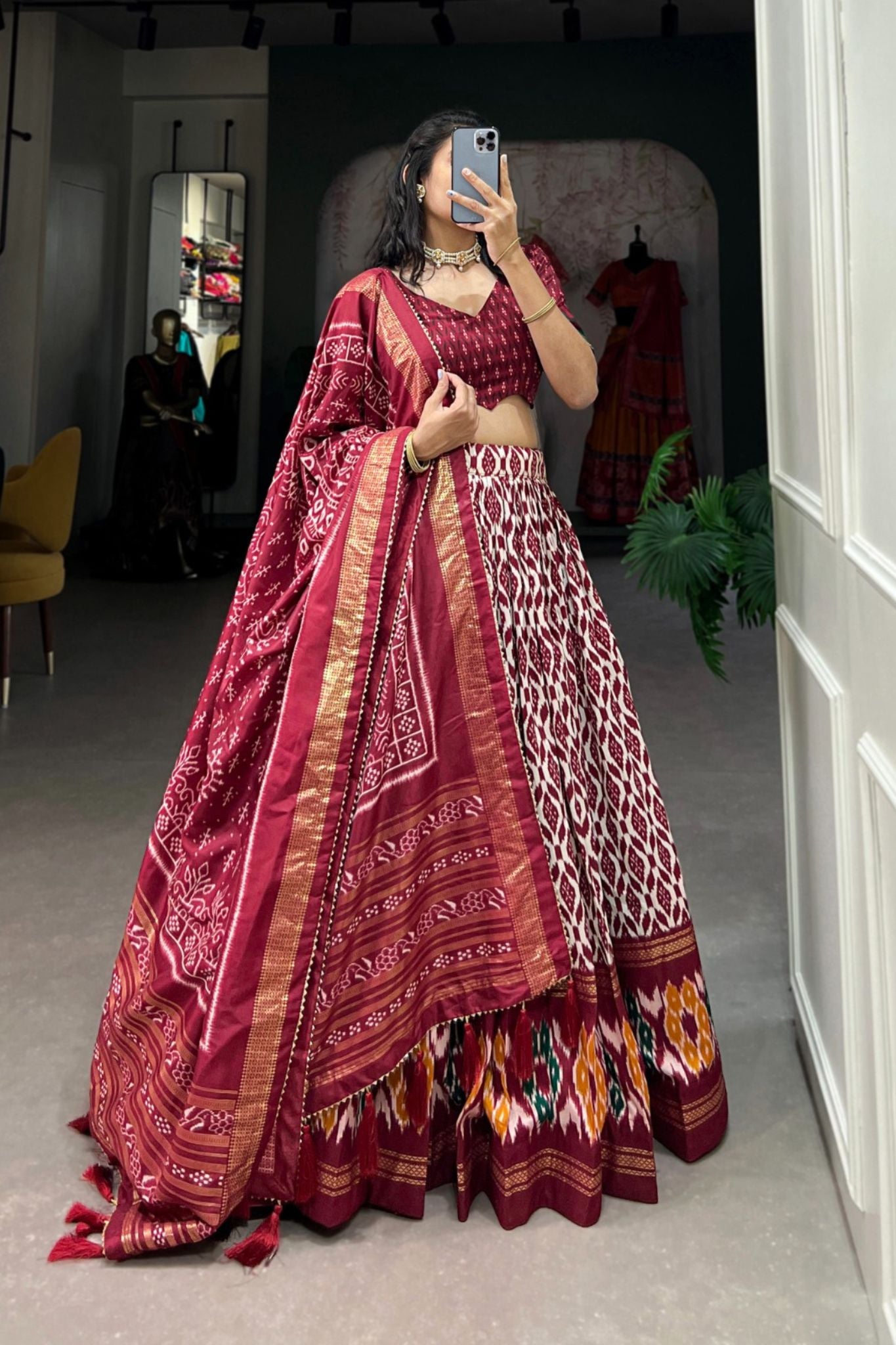 Stylish Ikkat Print Foil Work Lehenga Choli