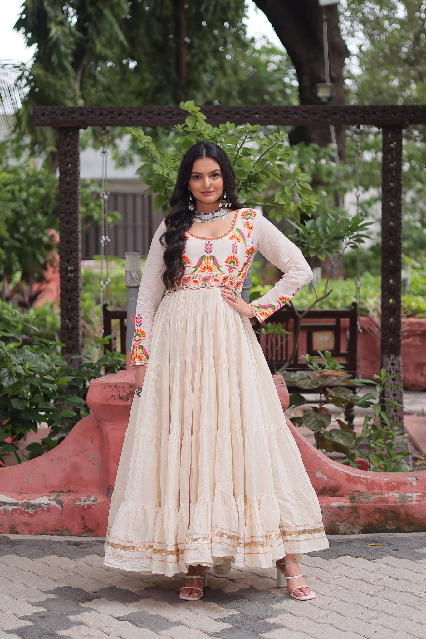 Off White Navratri Designer Multi Thread Embroidered With Gota Patti Work Cotton Gown