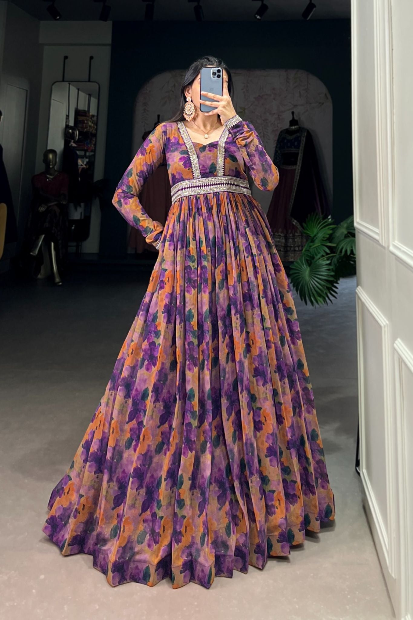 Georgette Floral Printed Purple Anarkali Gown