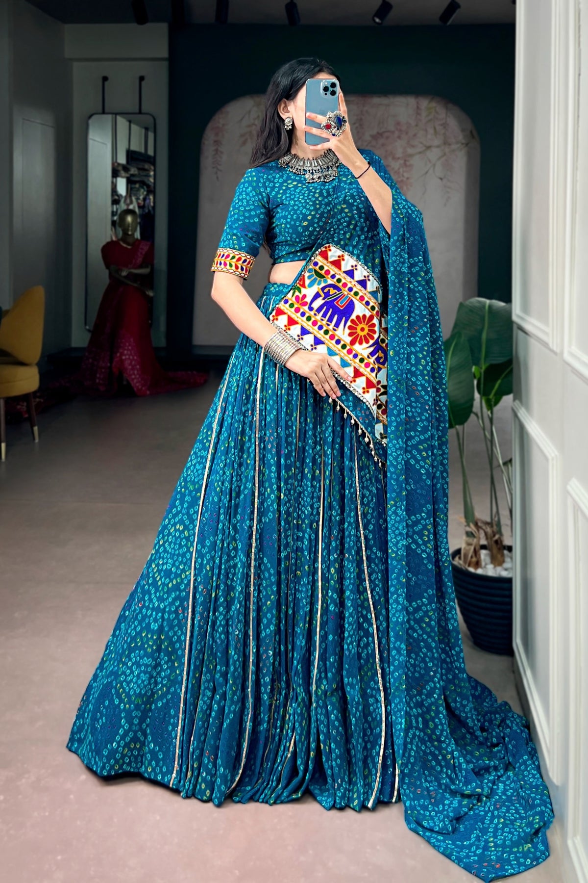 Designer Navratri Lehenga Choli In Bandhej Print Georgette With Gamthi Work Dupatta