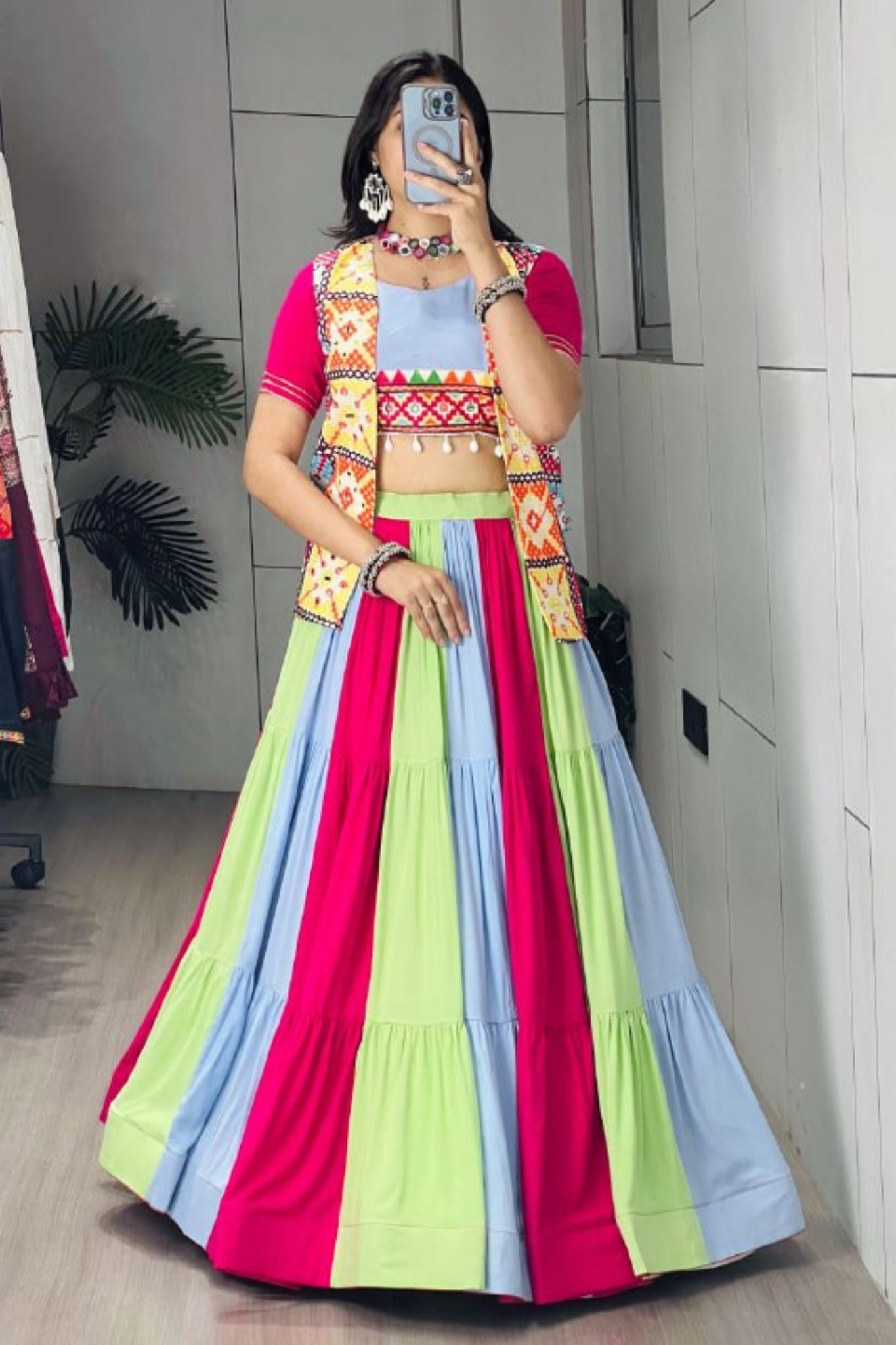Raasrang Multicolor Cotton Navratri Designer Lehenga Choli With Mirror Work Koti