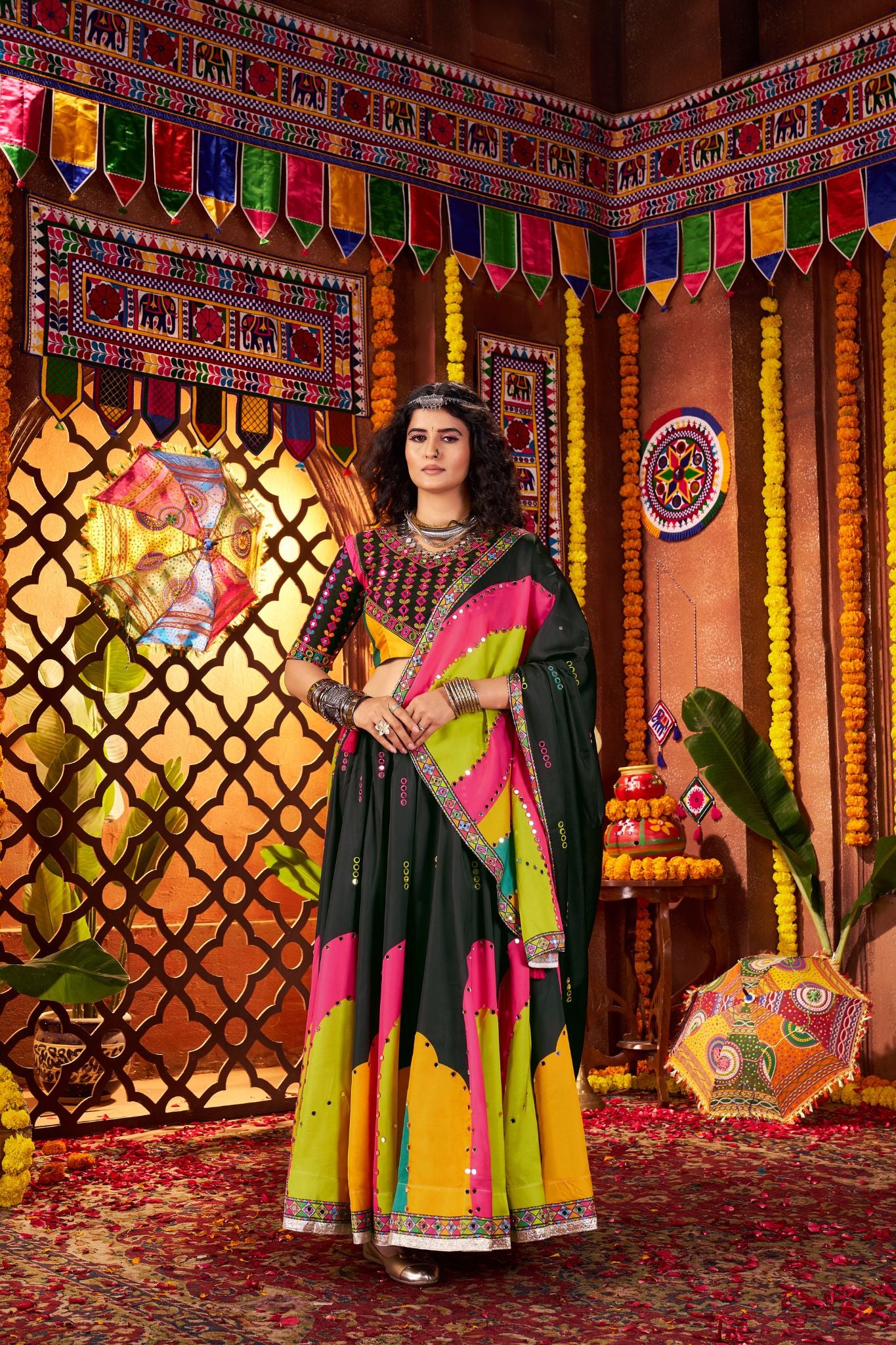 Designer Black Navratri Lehenga Choli Print With Mirror And Embroidery Work