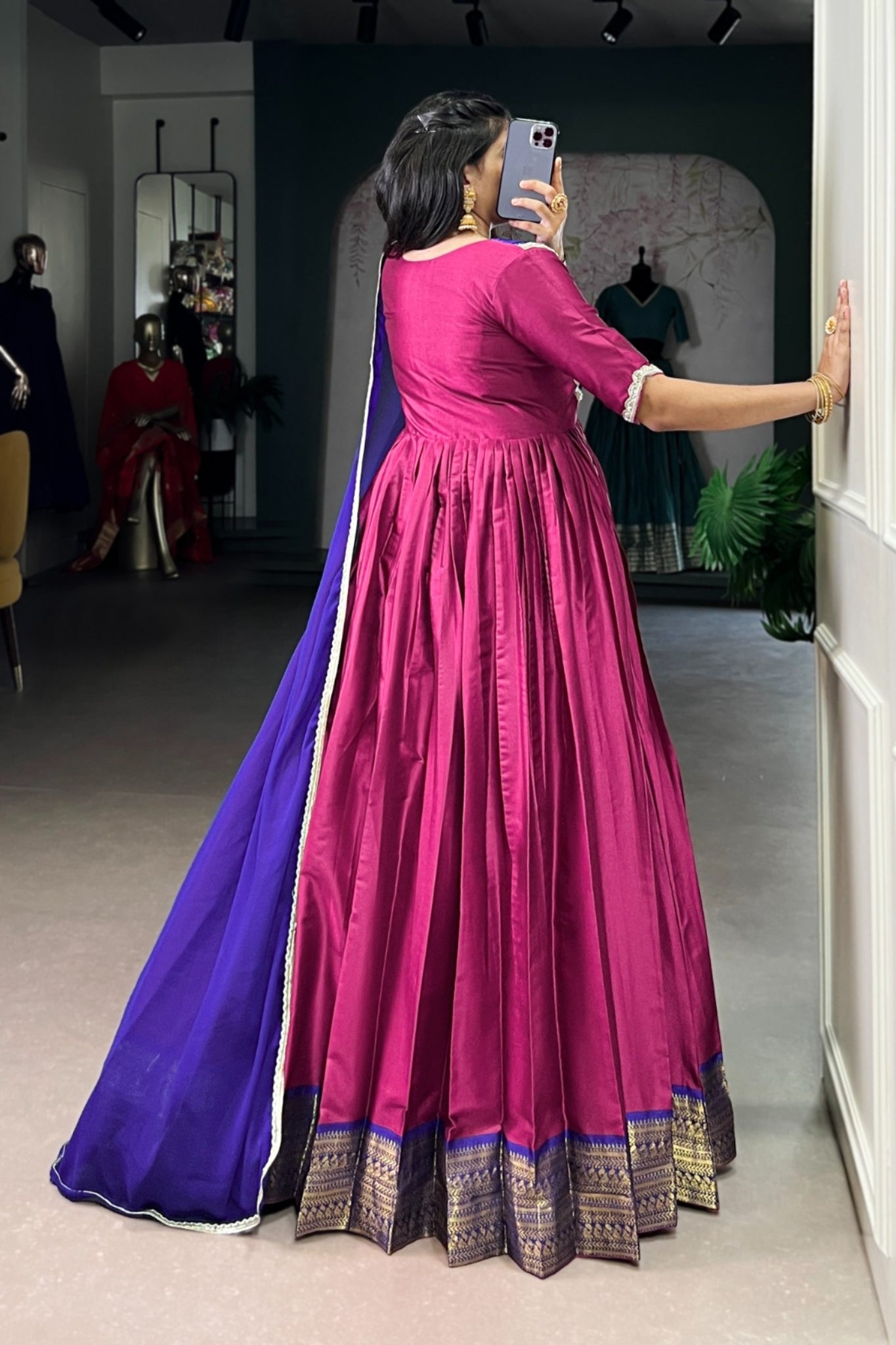 Designer Aura Silk Zari Weaving Gown With Georgette Lace Dupatta