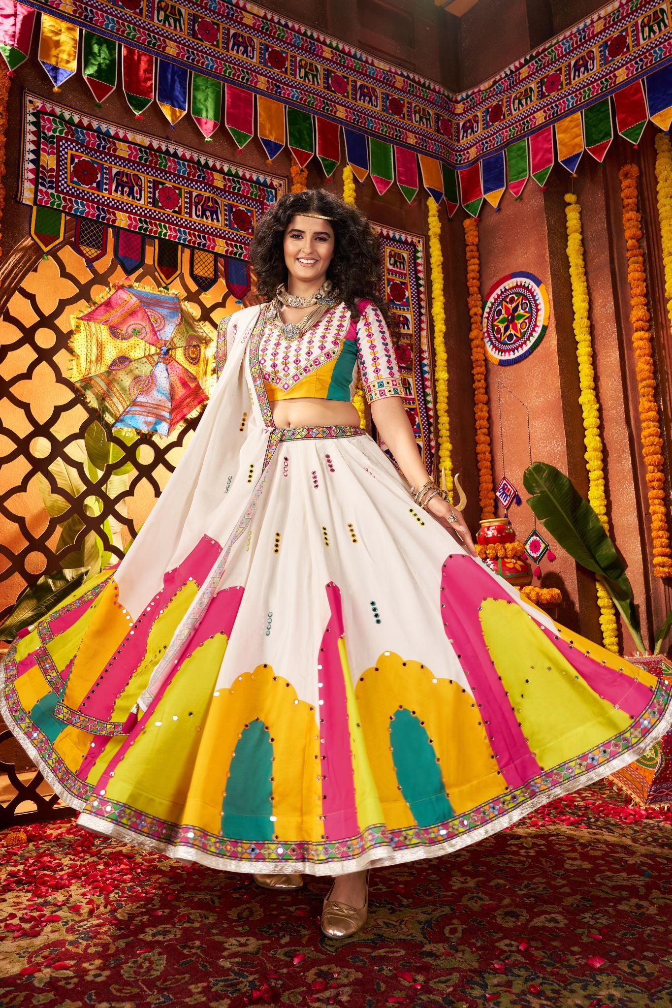Designer White Lehenga Choli For Navratri With Mirror And Hand Embroidery Work
