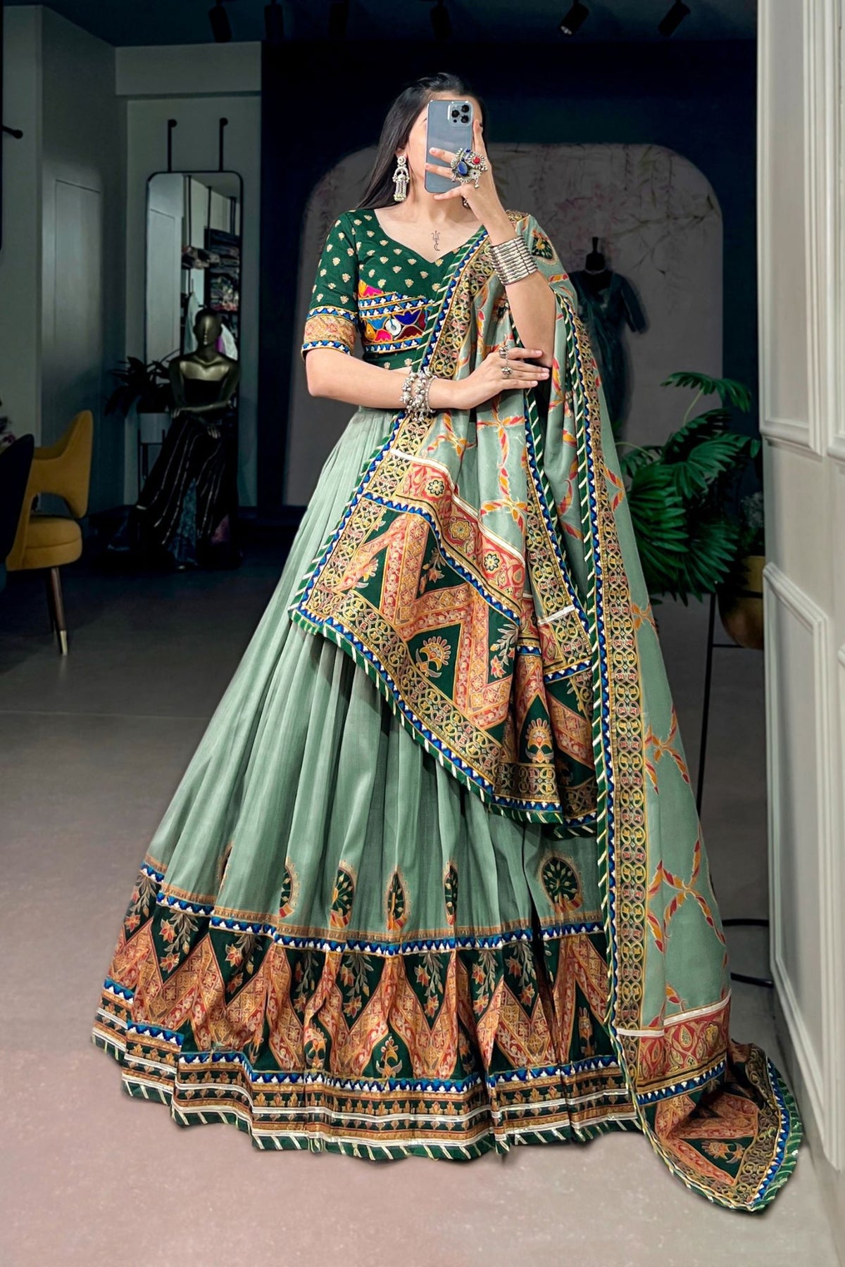 Tasar Silk Gamthi Work Designer Navratri Lehenga Choli
