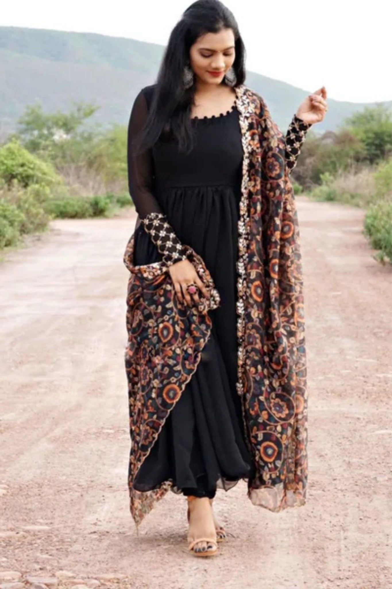 Black Georgette Plain Anarkali Suit With Dupatta
