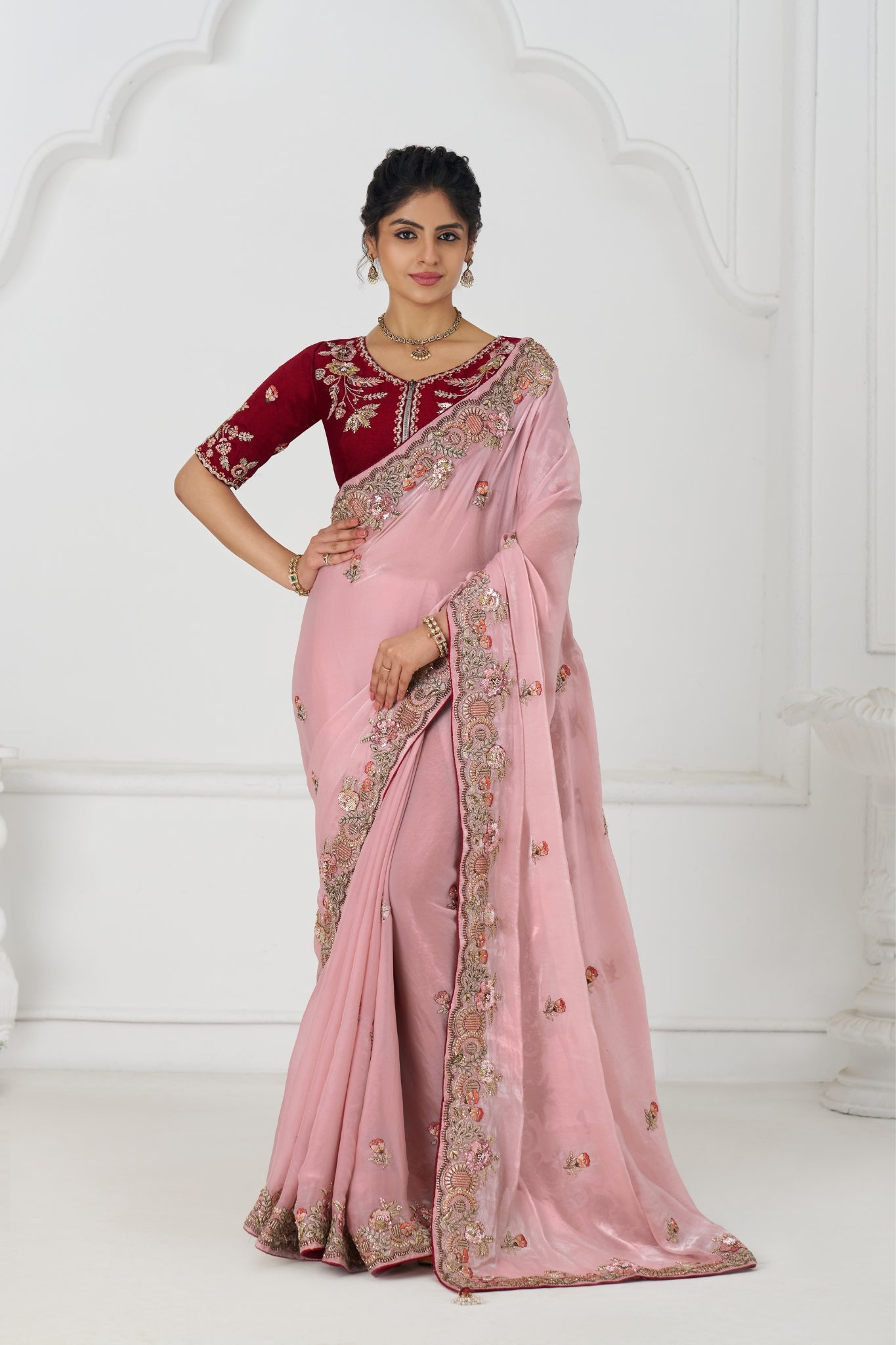 Pink Stylish Pure Fendi Silk Designer Saree