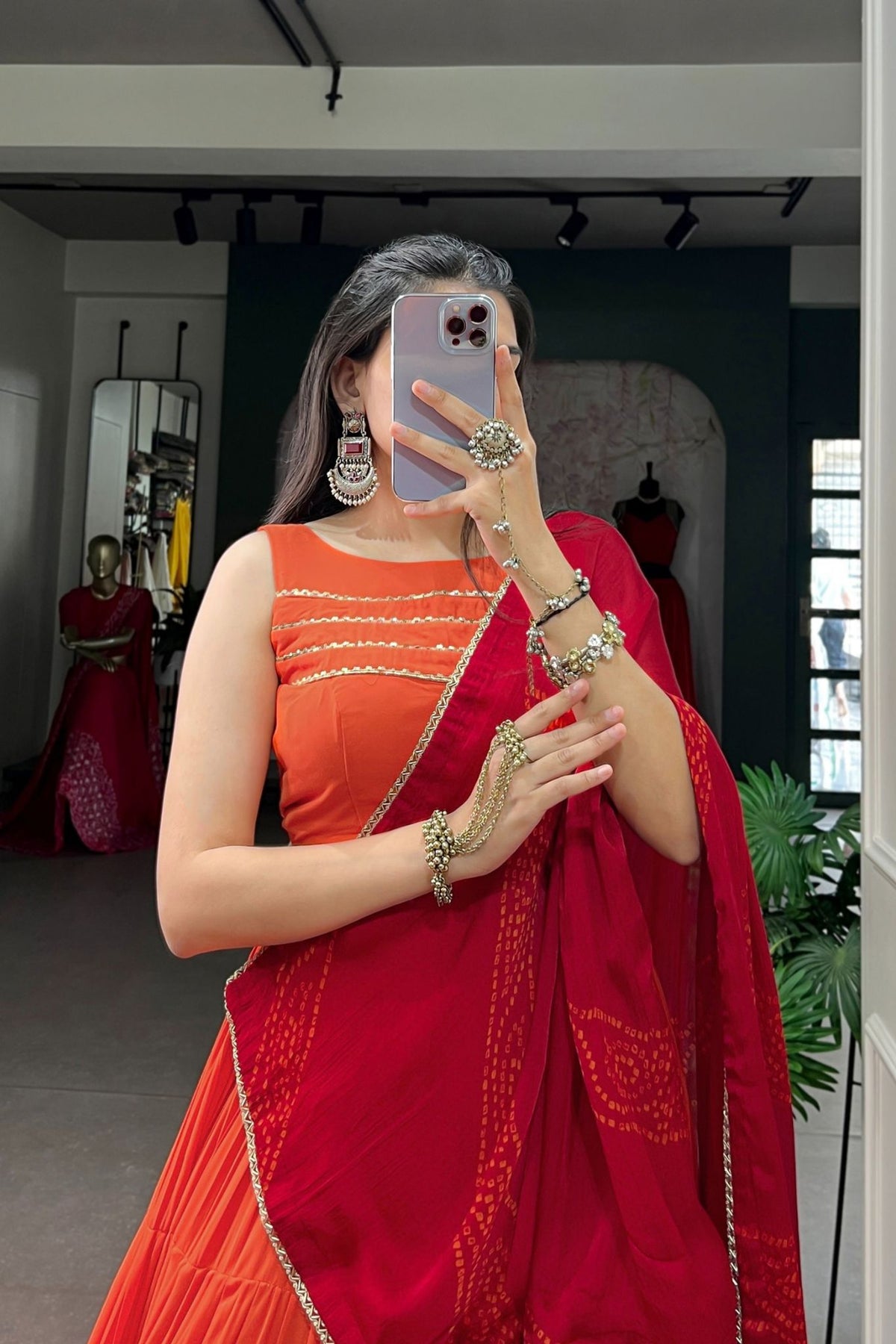 Orange Rayon Navratri Lehenga Choli With Chiffon Dupatta