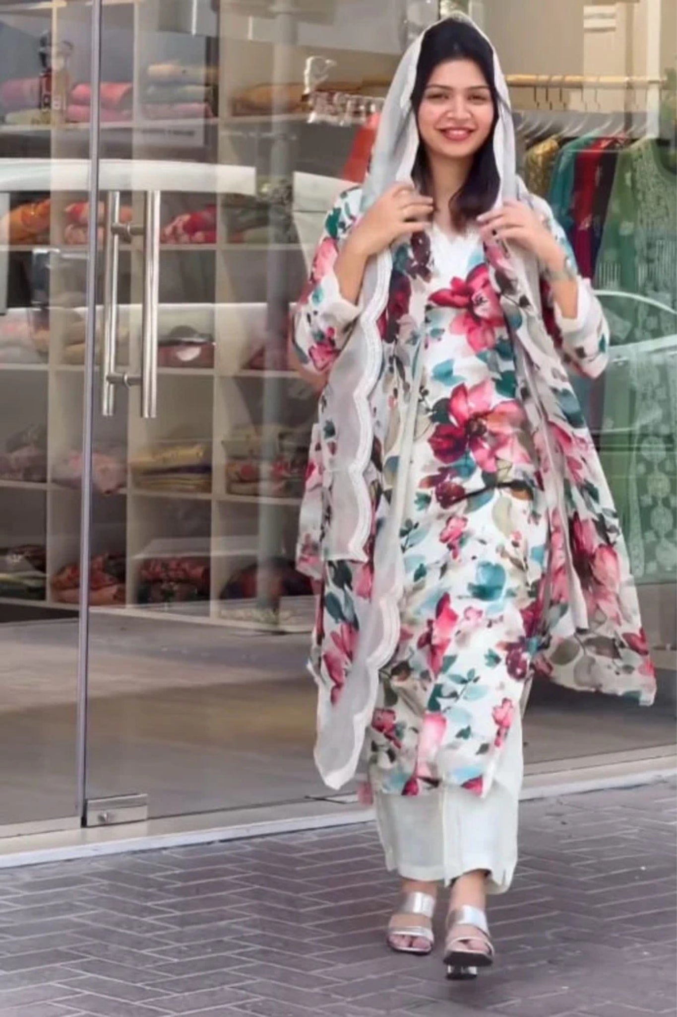 Floral Printed Embroidered Work Suit Set
