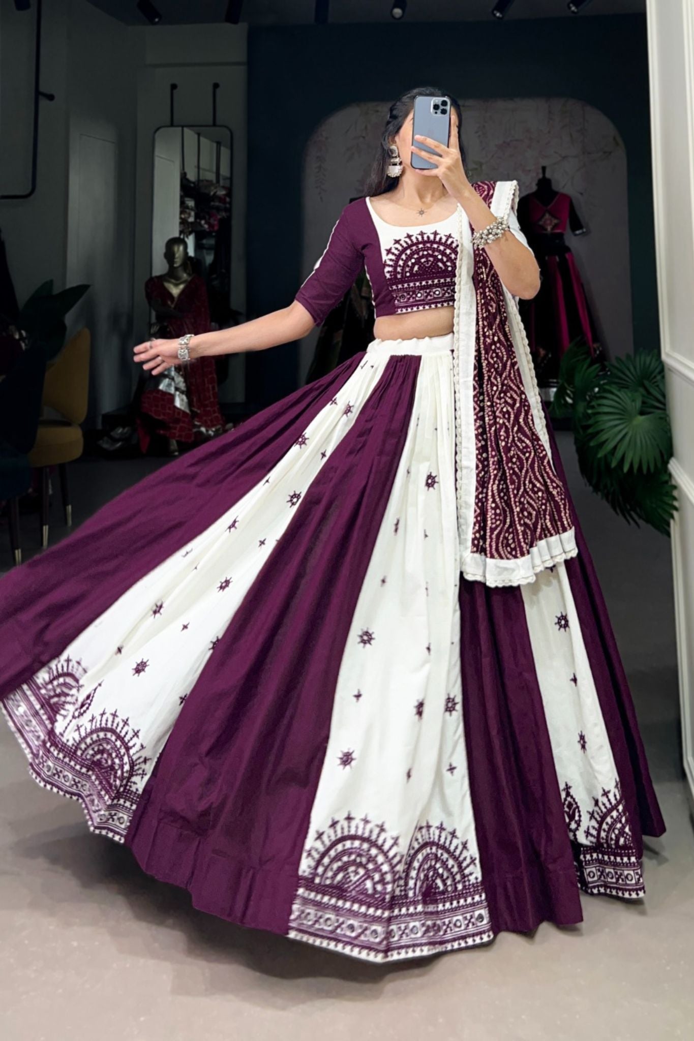 Wine And White Stylish Pure Cotton Navratri Lehenga Choli