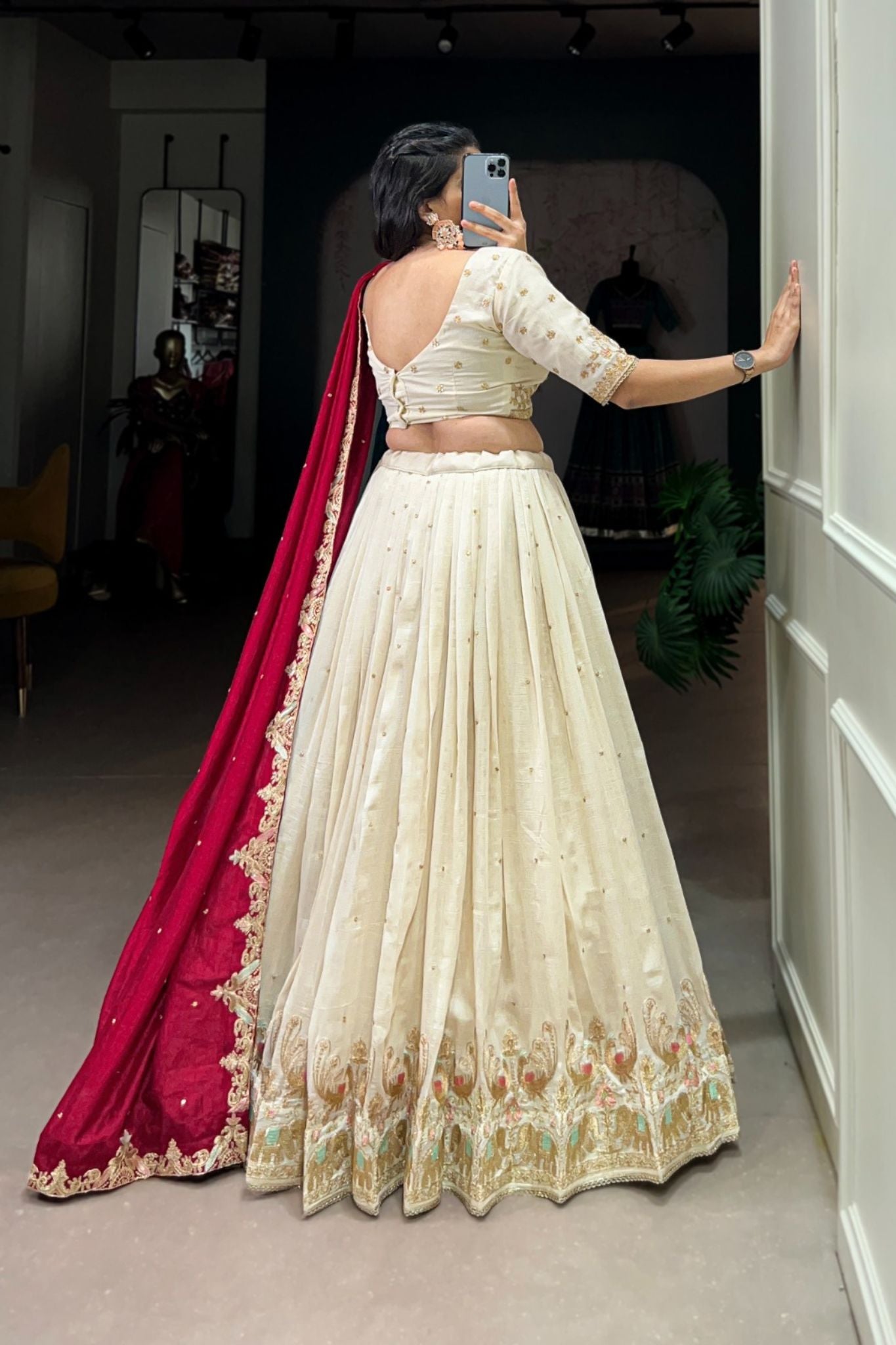 Sequins Thread Embroidery Work Off White Wedding Lehenga Choli