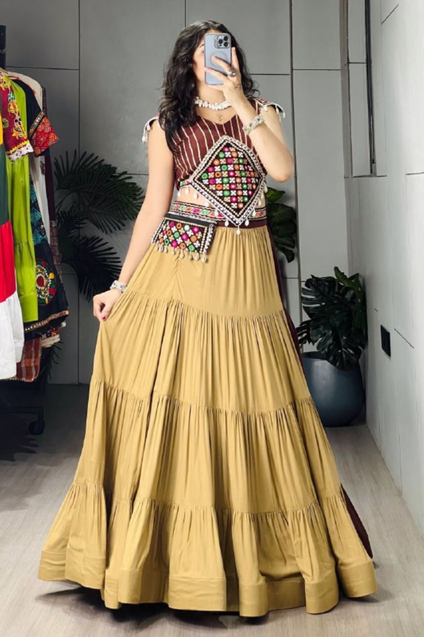 Raasrang Beige Brown Navratri Lehenga Choli For Women