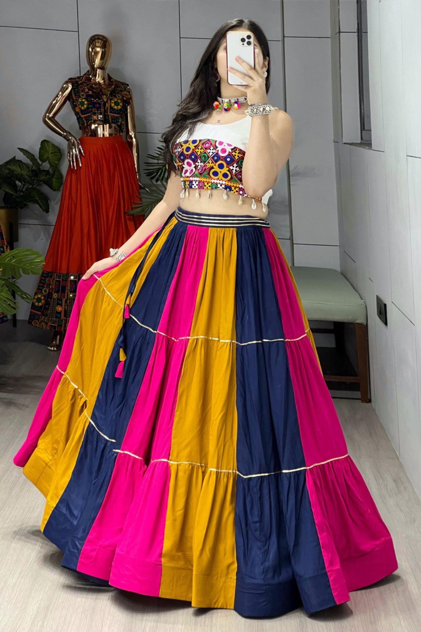 Navratri Special Multicolor Real Mirror Work With Pure Kutchhi Embroidery Lehenga Choli For Women