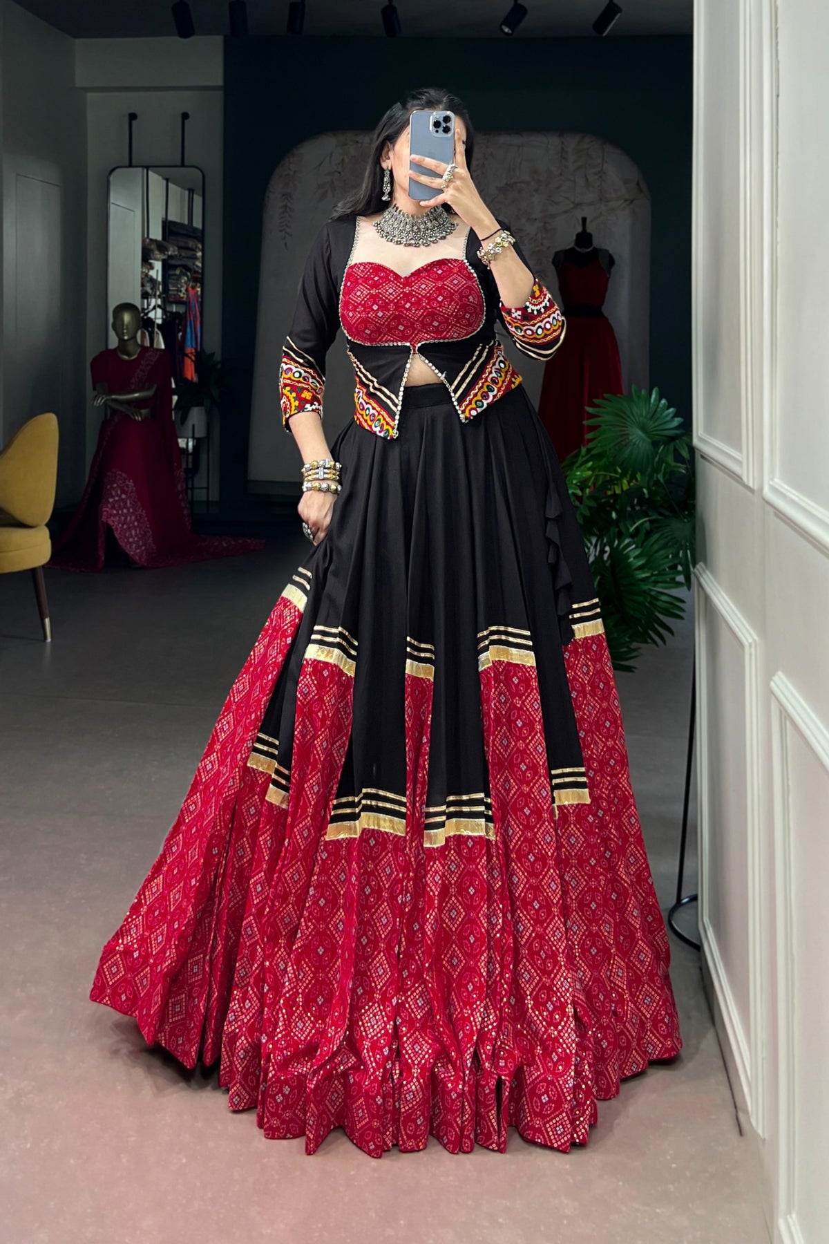 Rayon Navratri Bandhej Print Designer Gamthi Work Lehenga Choli