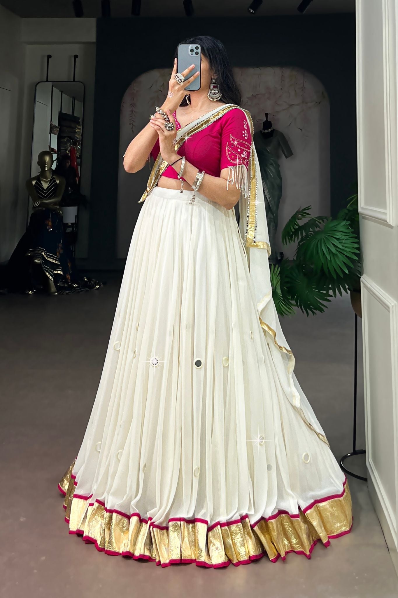 Raasrang Moonlight White Navratri Designer Lehenga Choli With Pink Blouse
