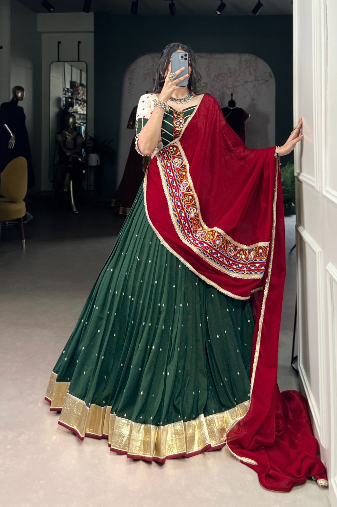 Green Sequins Thread Embroidered Embossed Designer Navratri Lehenga Choli